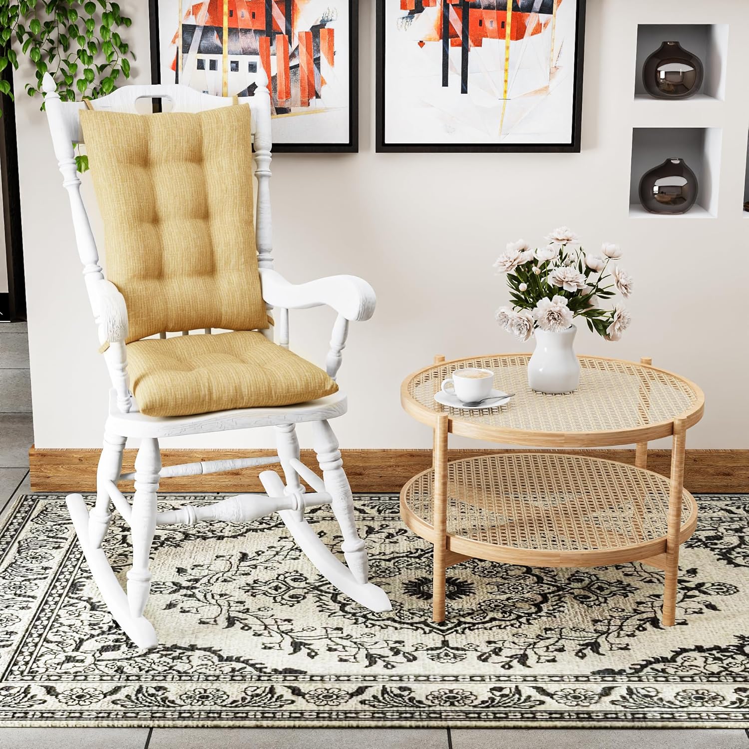 Klear Vu The Gripper Non-Slip Rocking Chair Cushion Set with Thick Padding, Includes Seat Pad & Back Pillow with Ties for Indoor Living Room Rocker, 17x17 Inches, 2 Piece Set, Sand