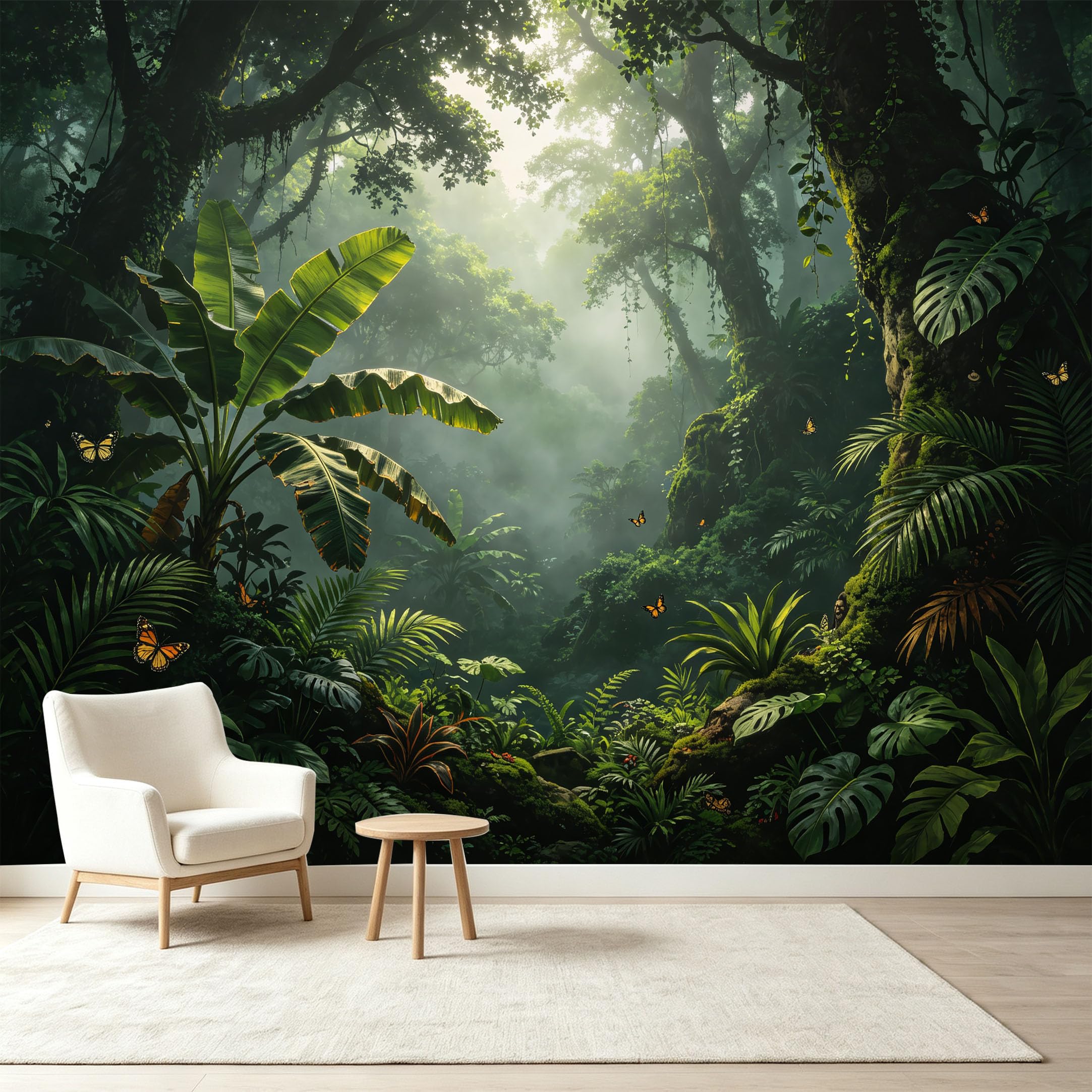 Custom Size Wall Murals Tropical Jungle Botanical Rainforest Sunlight Butterflies Self-Adhesive Wall Fabric Removable Wallpaper Wall Decor for Living Room Bedroom Bathroom