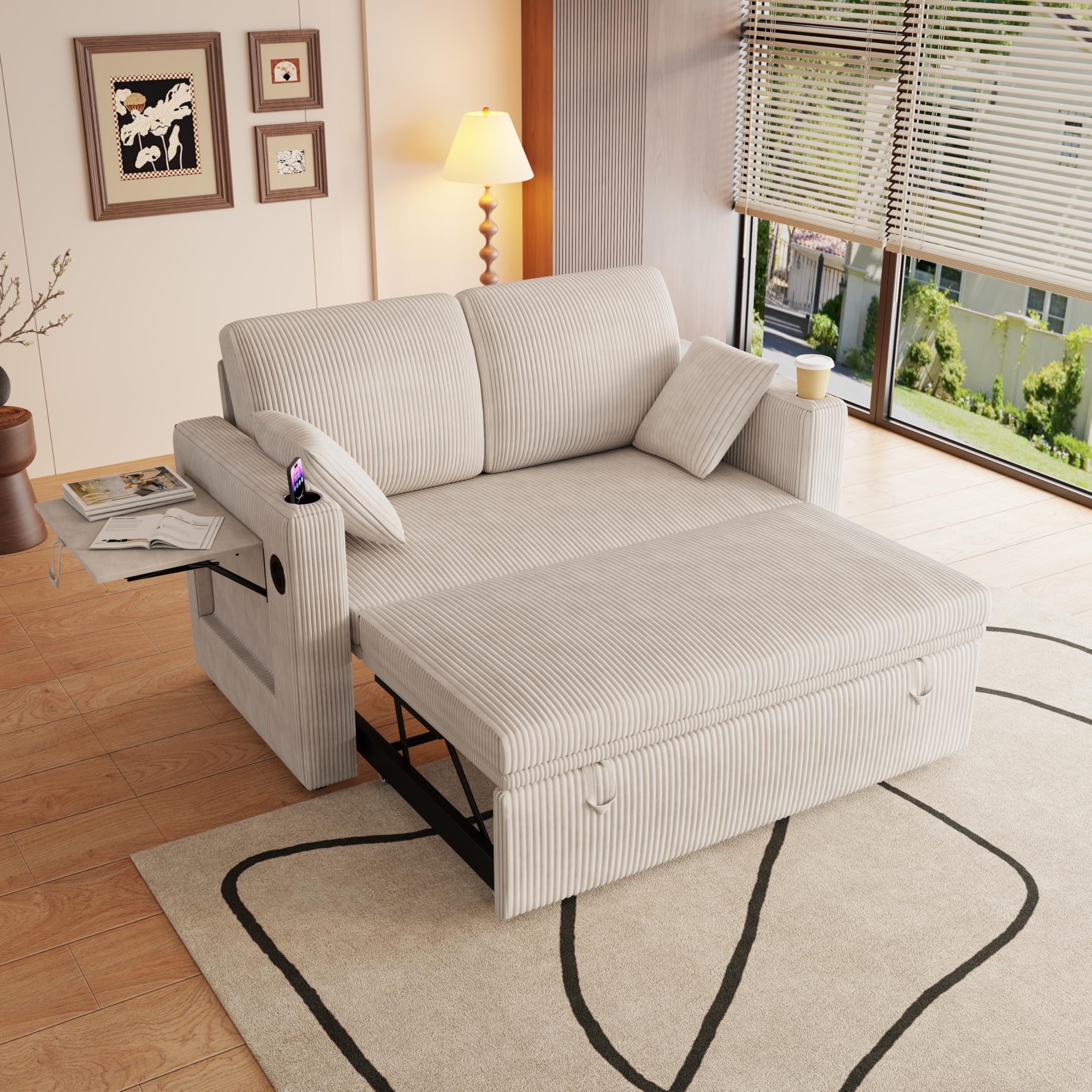 Sofá Cama Plegable con Type-C USB para Salón, Sofá con Portavasos y Bandeja Abatible, Sofás con Almohada para Apartamento, Sofá Moderno con Cómodos Cojines para Dormitorio, Pana (Blanco)