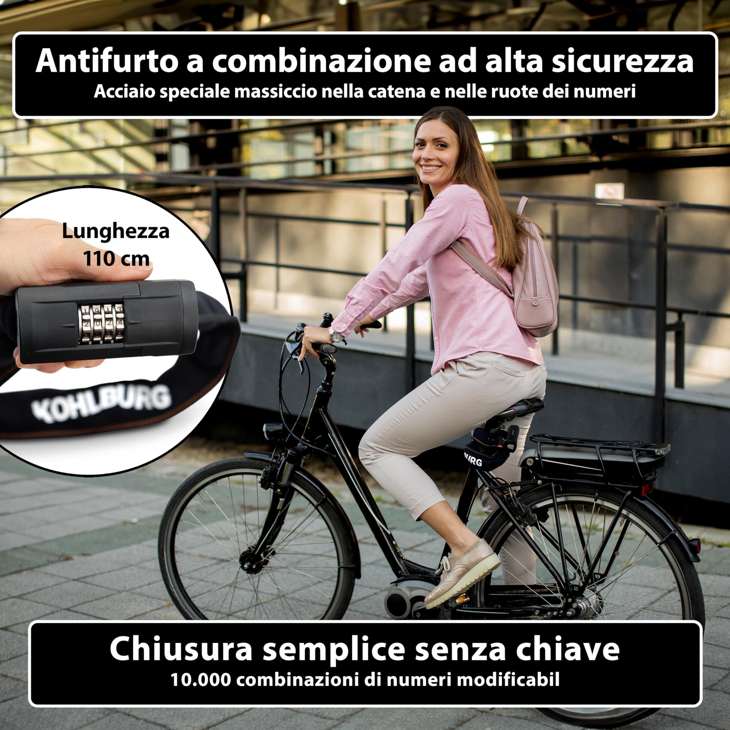 KOHLBURG antifurto massiccio 110 cm a combinazione con massima sicurezza [Sold Secure GOLD] – catena antifurto a combinazione & maglie da 8 mm – antifurto a codice per bici; e‑bike & moto