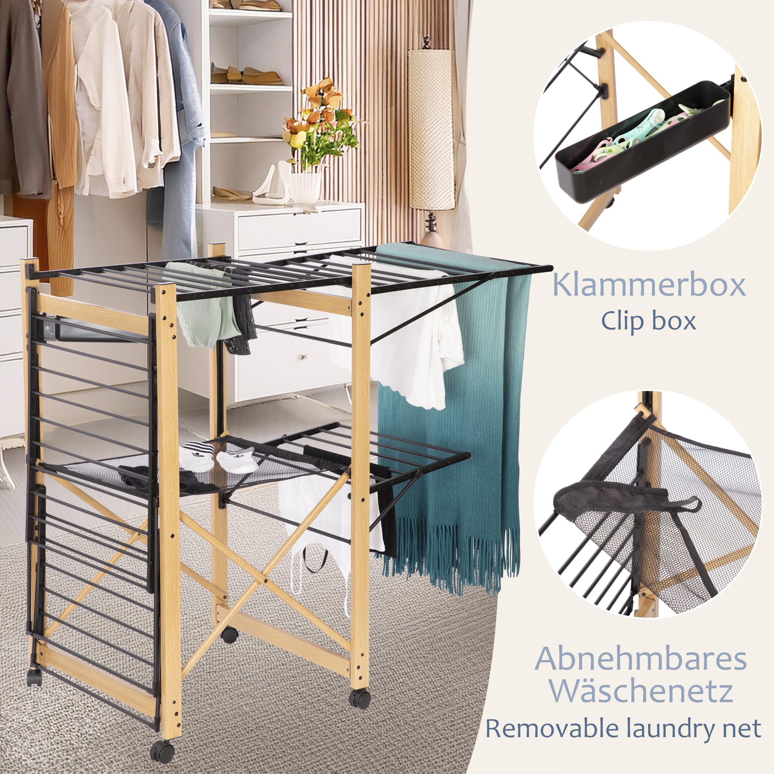 ONVAYA® Faltwäscheständer ǀ Wäscheständer ǀ ausziehbar für Außen- und Innenbereich ǀ inkl. Klammerbox und Netz ǀ platzsparend ǀ Wäscheturm ǀ Holzoptik ǀ Flügelwäschetrockner mit Rollen