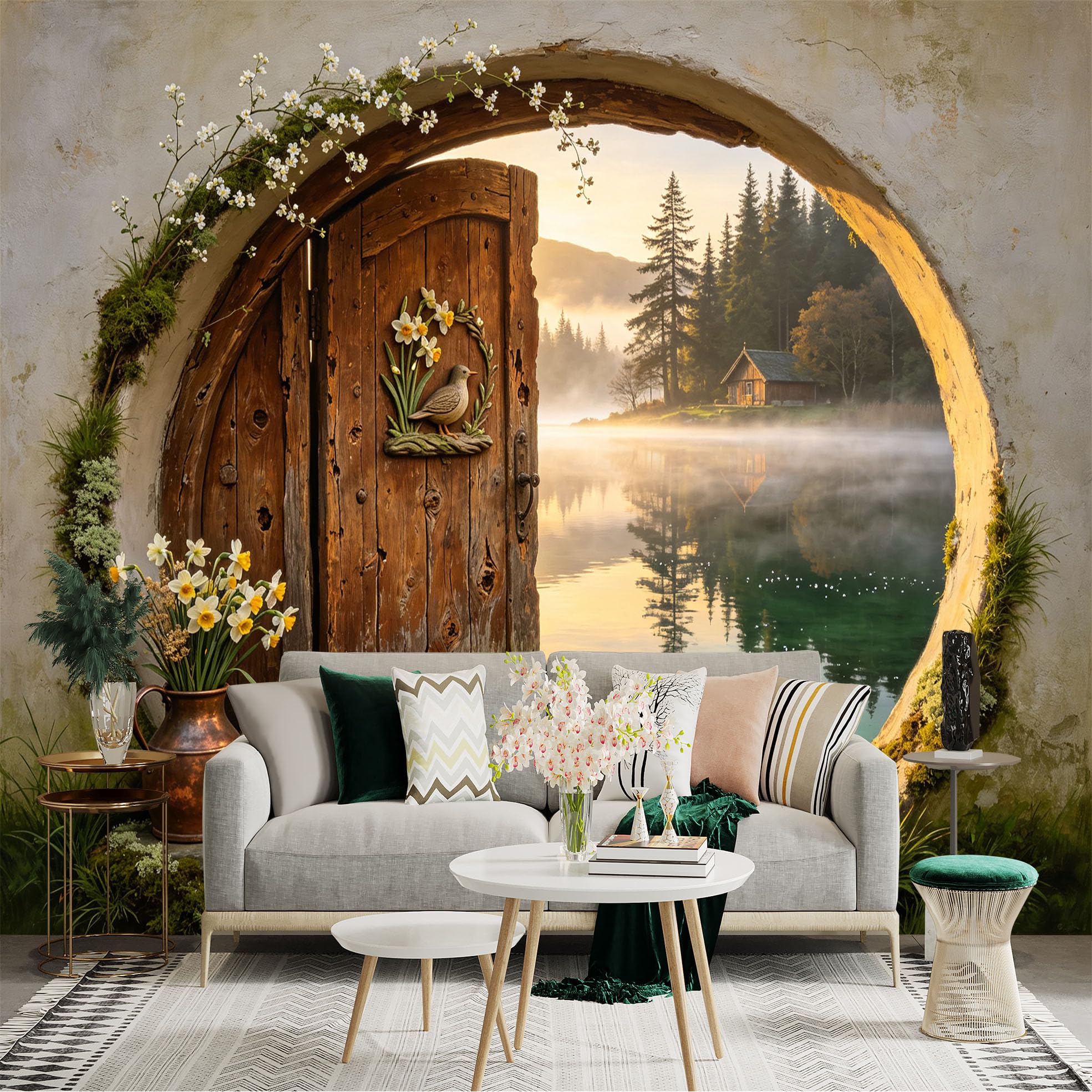 Custom Size Wall Sticker Mural， Rustic Wooden Door by Misty Lake， Forest Cabin and Floral Arch， for wall Decoration， peelandstick wall Decals.