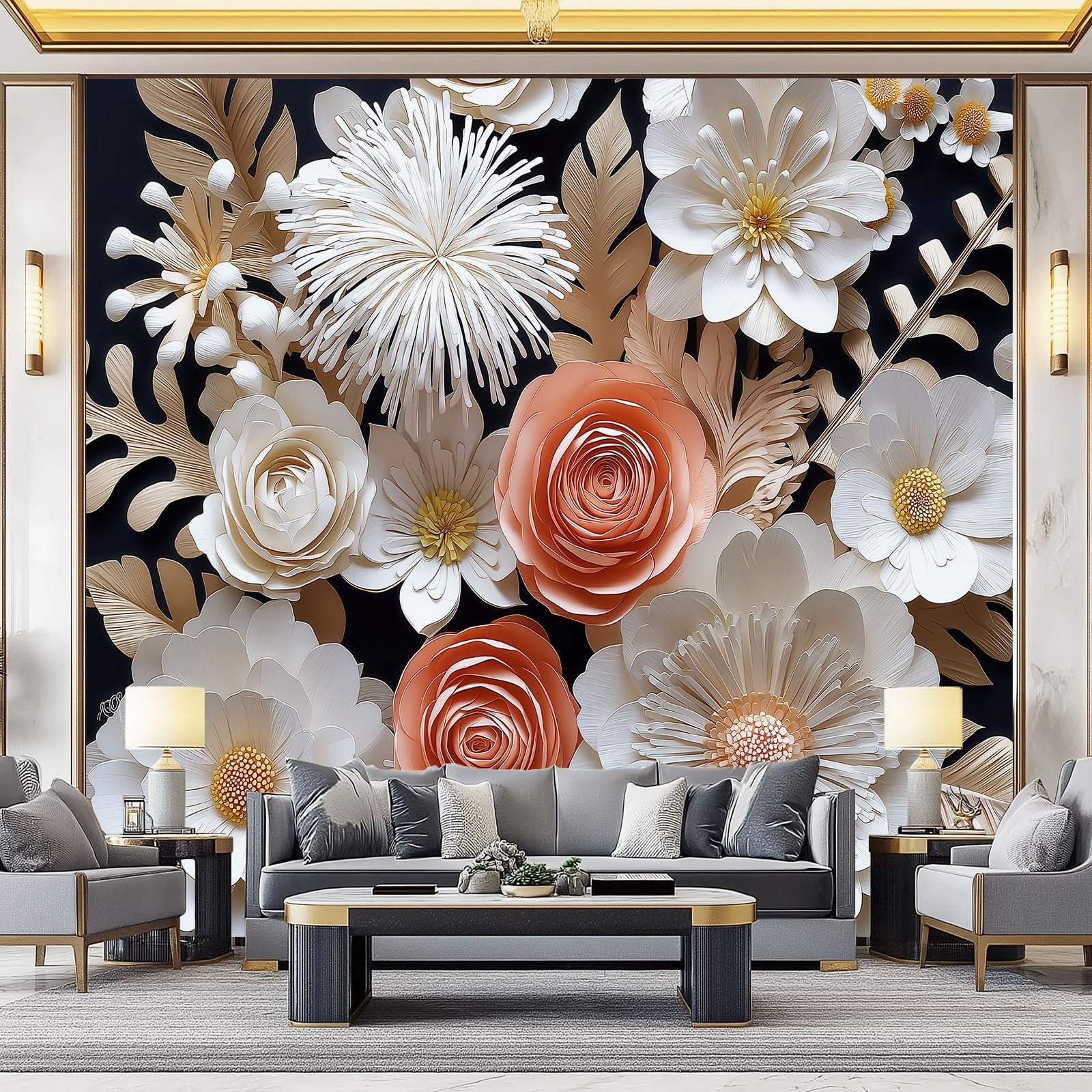 Papier peint panoramique intissé 300x210 cm avec motif moderne de plantes pour salon