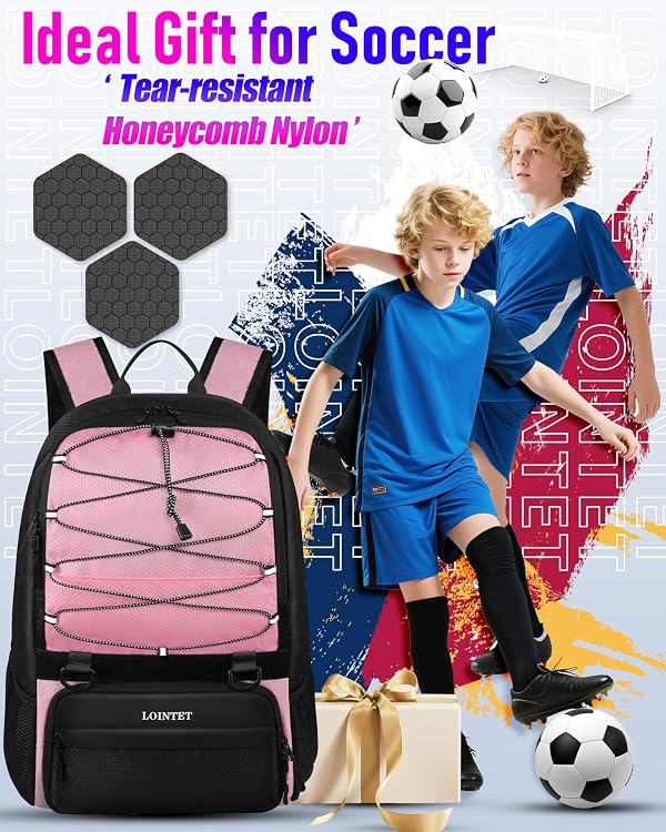 LOINTET Youth Soccer Bag, Soccer Backpack with Ball Compartment, Sports Equipment Training Bags Fits Basketball Football Volleyball and Accessories, Pink by LOINTET - Image 5