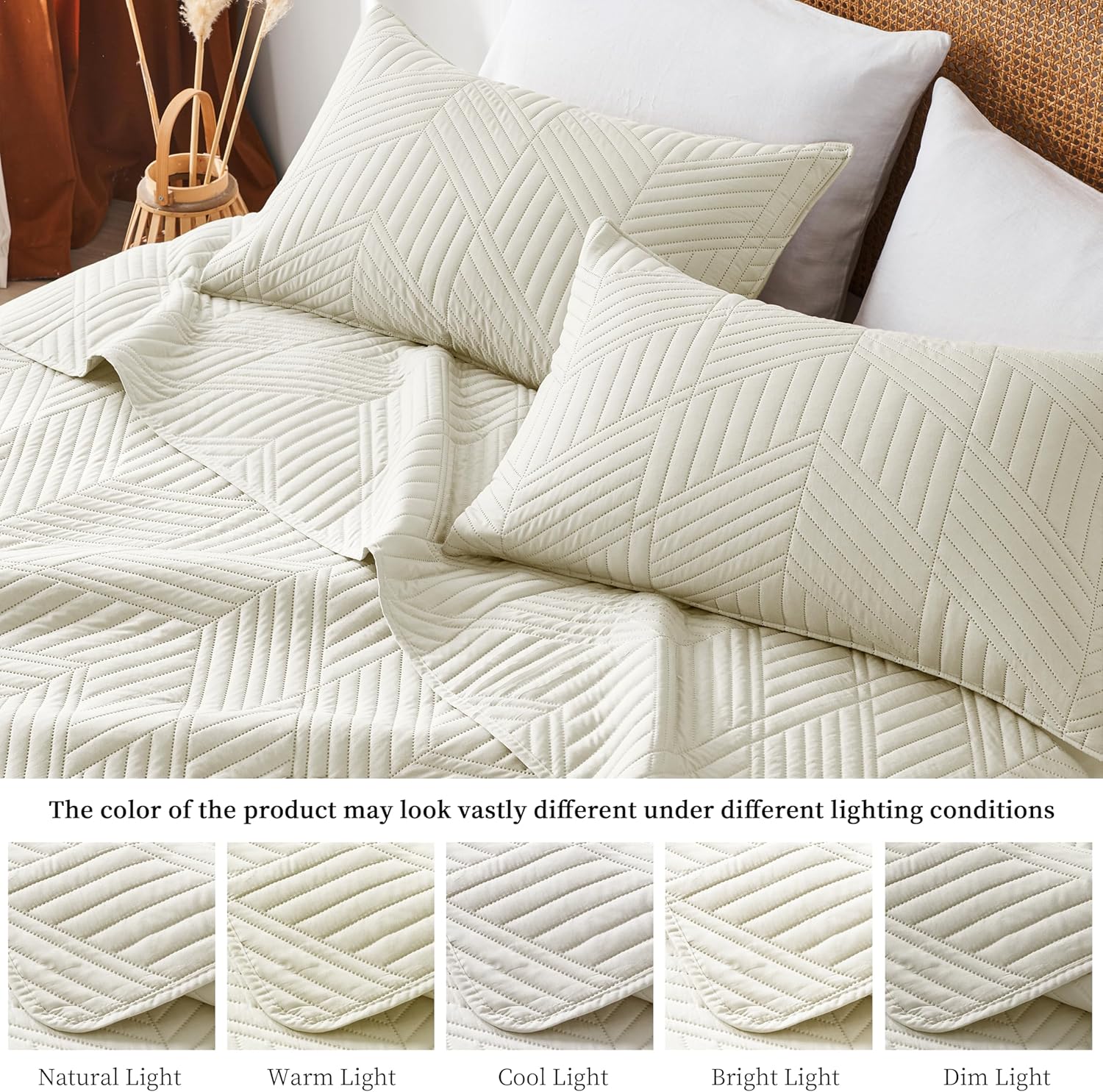 Twin Quilt Set, Cream Lightweight Reversible Bedspread for All Seasons, Soft Modern Microfiber Geometric Coverlet for Kids or Guest Bedroom (1 Quilt, 1 Pillow Sham) - Image 6