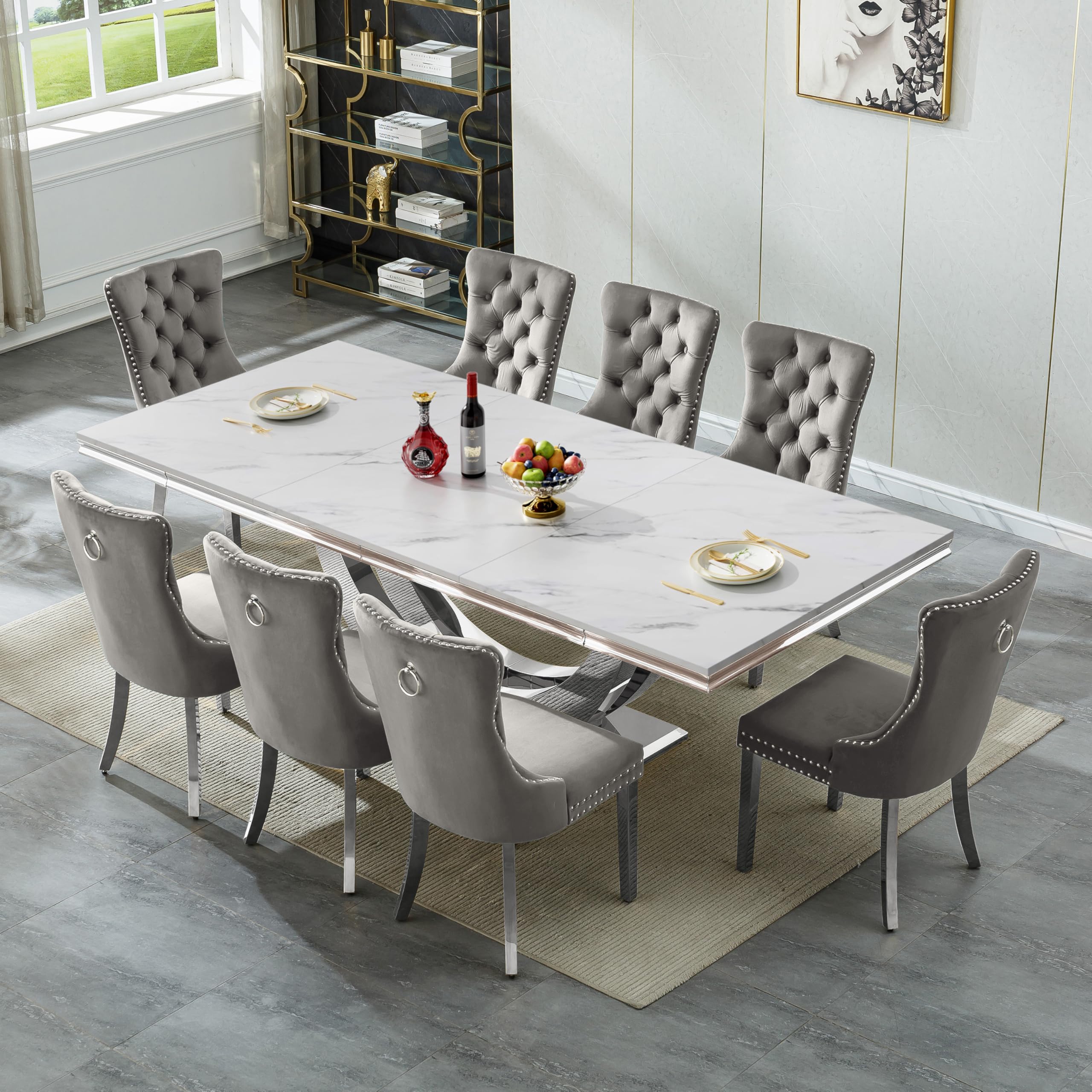 94.5" Large Marble Dining Table Set for 8, Luxury White Silver Kitchen Table with 8 Grey Velvet Tufted Chairs, Modern Fuax Marble 9-Piece Dining Room Table Set for 8 w/Stainless Steel U-Base