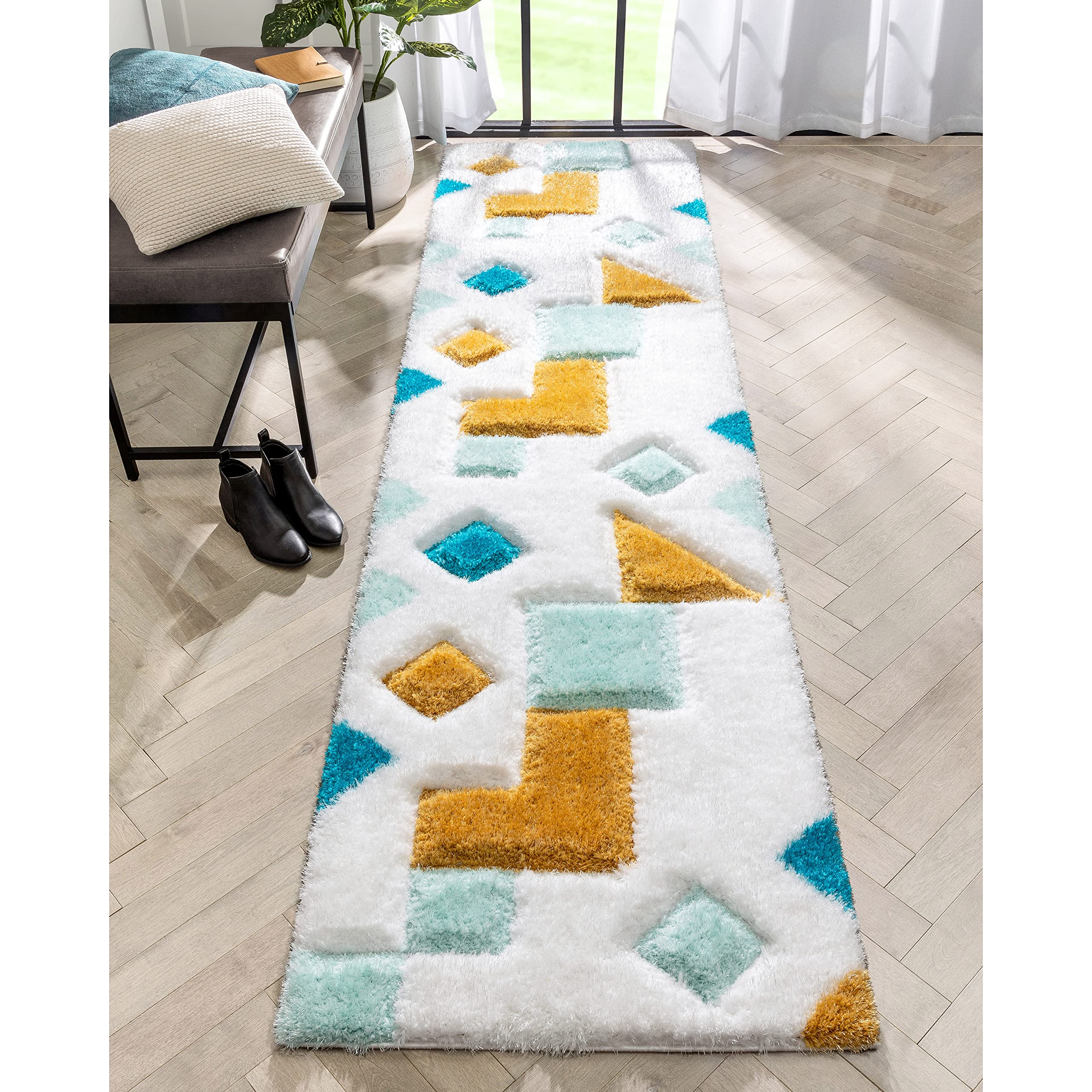 Well Woven Abbi Blue Boxes & Circles Thick Soft Plush 3D Textured Shag Runner Rug (2'7" x 9'10") 2'7" x 9'10" (Runner) Abstract Blue