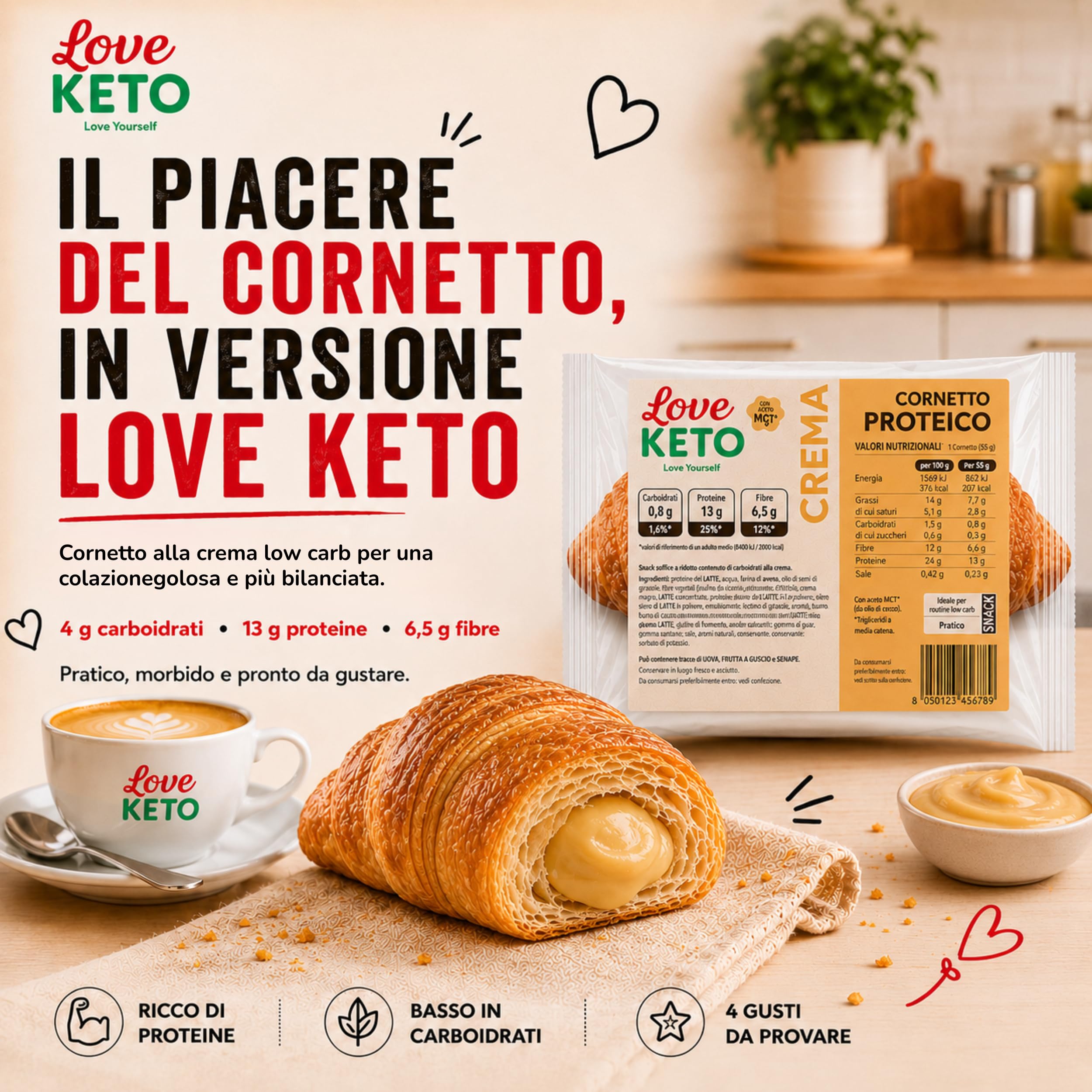 Cornetti proteici low carb ripieni alla crema 20 confezioni da 50gr - Made in Italy