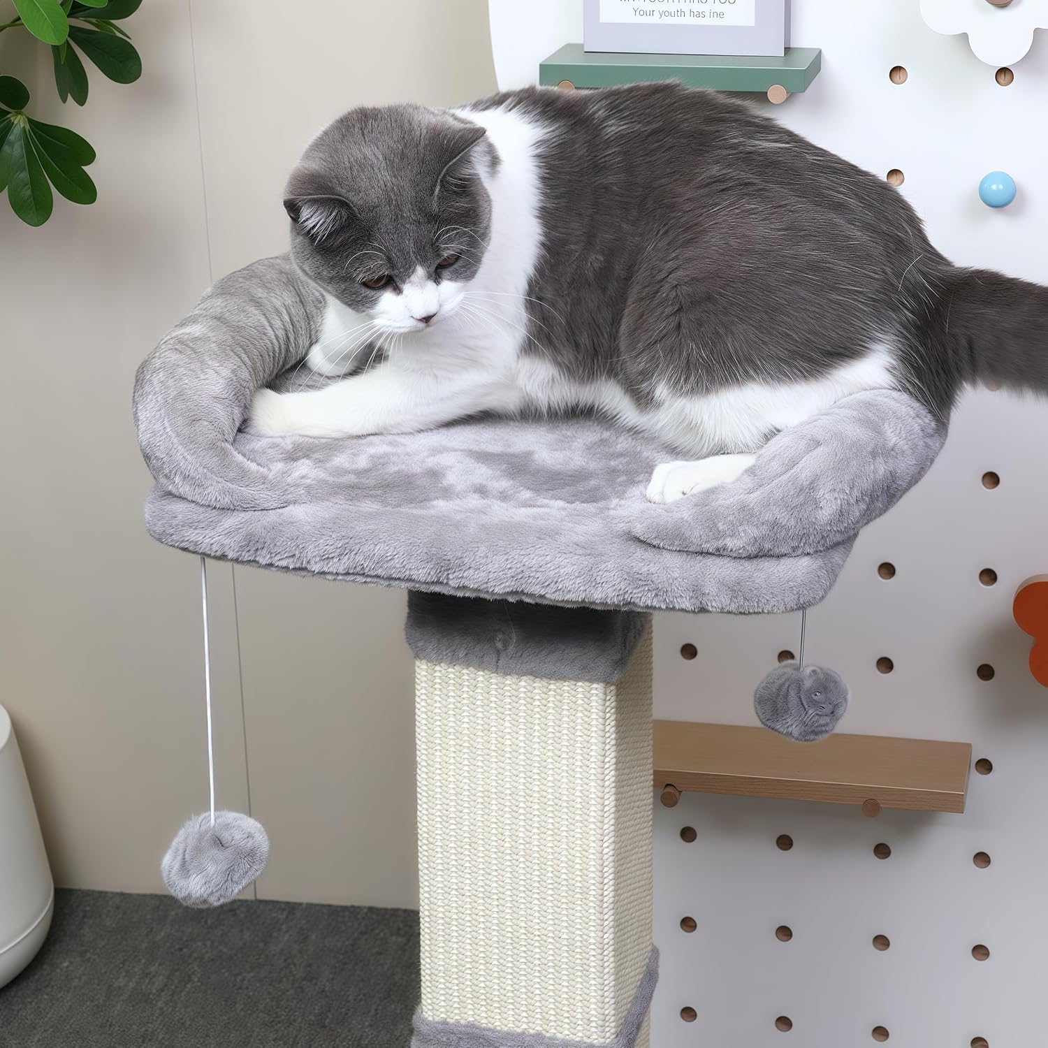 34" Tall Cat Scratching Post with Bed, Sisal Scratch Posts Trees with Plush Perch and Hanging Ball for Indoor Cats, Removable Cover, Large Scratch Post and Base, Rugged and Durable, Light Grey