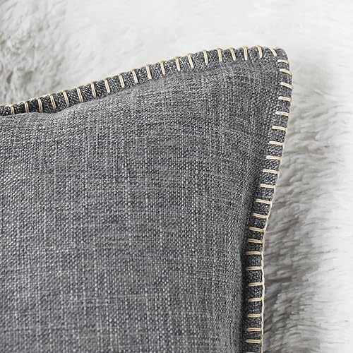 Miniatura 6 de CaliTime Juego de 2 fundas de almohada de algodón con bordes cosidos de hilo de algodón, 2 tonos, de lino rústico, para sofá, decoración del hogar,