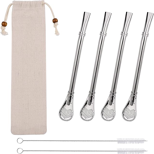 Stainless Steel Straws Filter Spoon Reusable Drinking Stirring Straw Spoons for Filter Sediment, Loose Leaf Tea and Stirring Coffee, Cocktail, Smoothie with 2 Cleaning Brushes 4 Pieces (Silver)