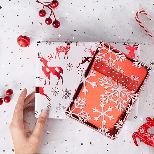 Miniatura 2 de RUSPEPA - Papel para envolver regalos de Navidad, papel rojo y blanco con hoja metálica brillante, colección de elementos navideños, 4 rollos de 30