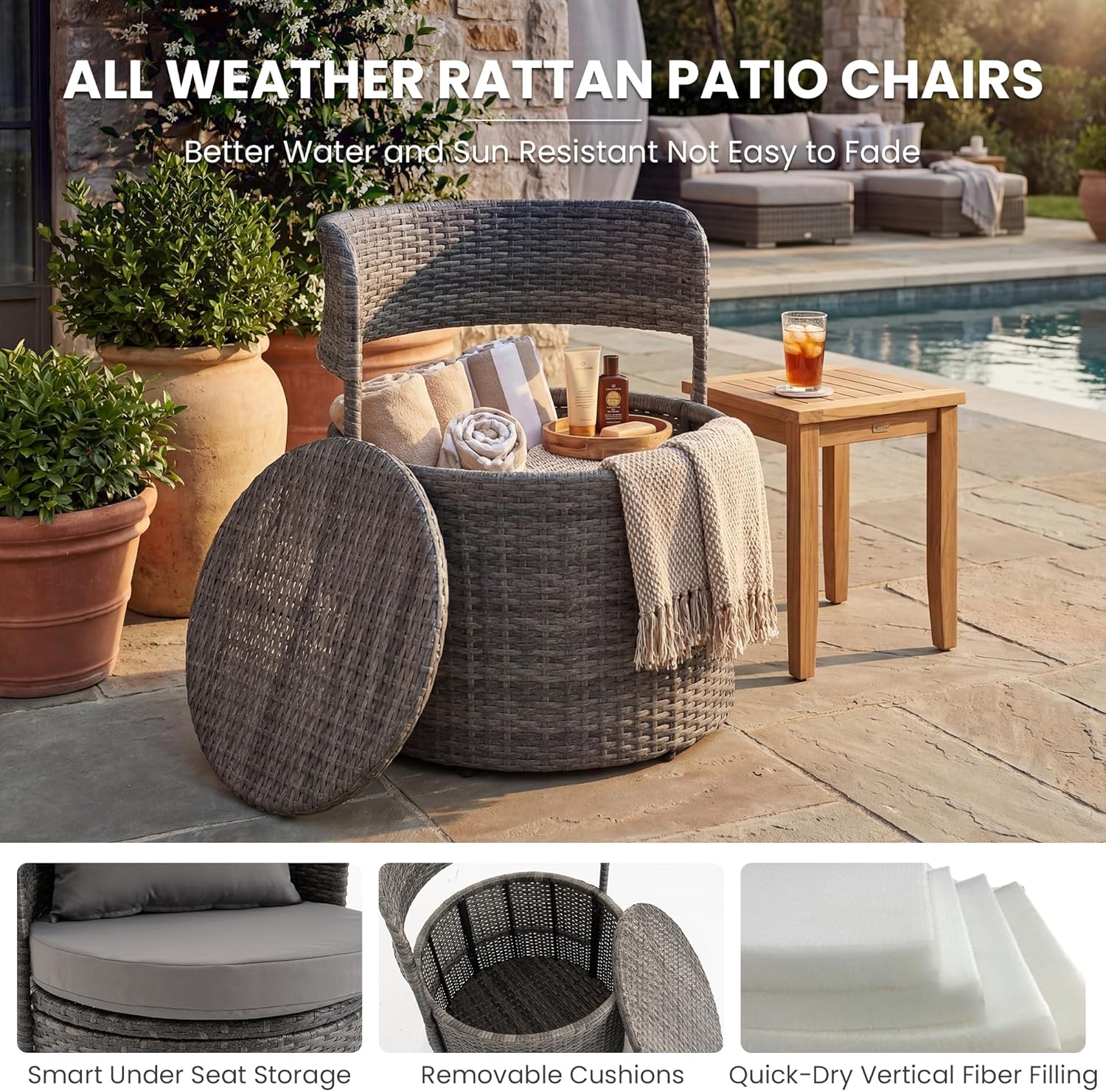 3 Piece Outdoor Patio Bistro Set with Storage, Wicker Conversation Chair Set with Glass Table, Modern Balcony Furniture for Garden, Porch, Backyard, Grey