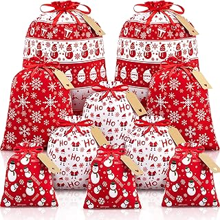 10 PCS Christmas Drawstring Gift Bags with Tags, Red and White Xmas Gift Bags Assorted Sizes Bulk, Large Medium Small Holiday Gift Bags Fabric Wrapping Bags for Xmas Presents Party Favors Decor Goody