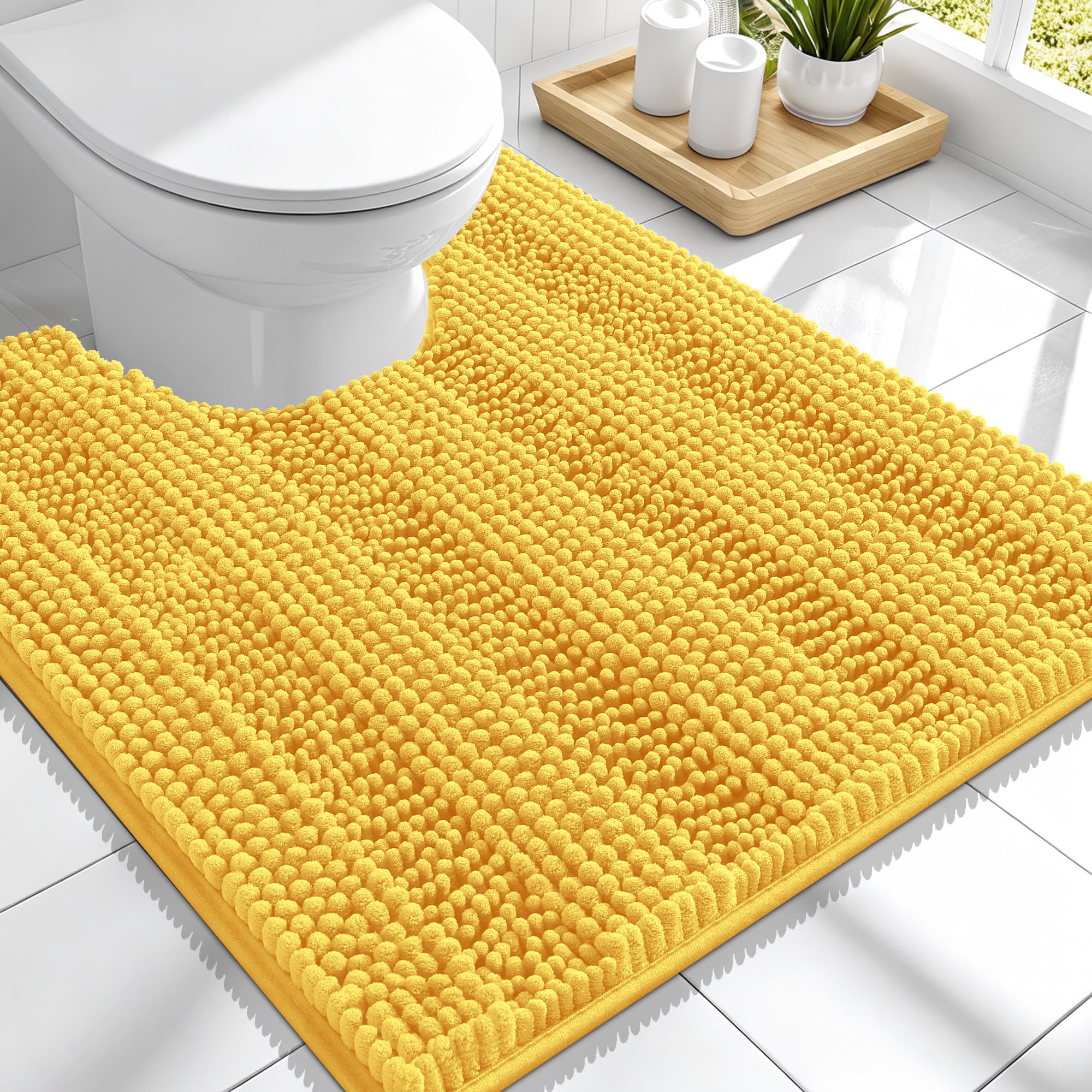 Smiry Thick Chenille Toilet Rugs U-Shaped 24x20, Absorbent Bath Mat, Yellow