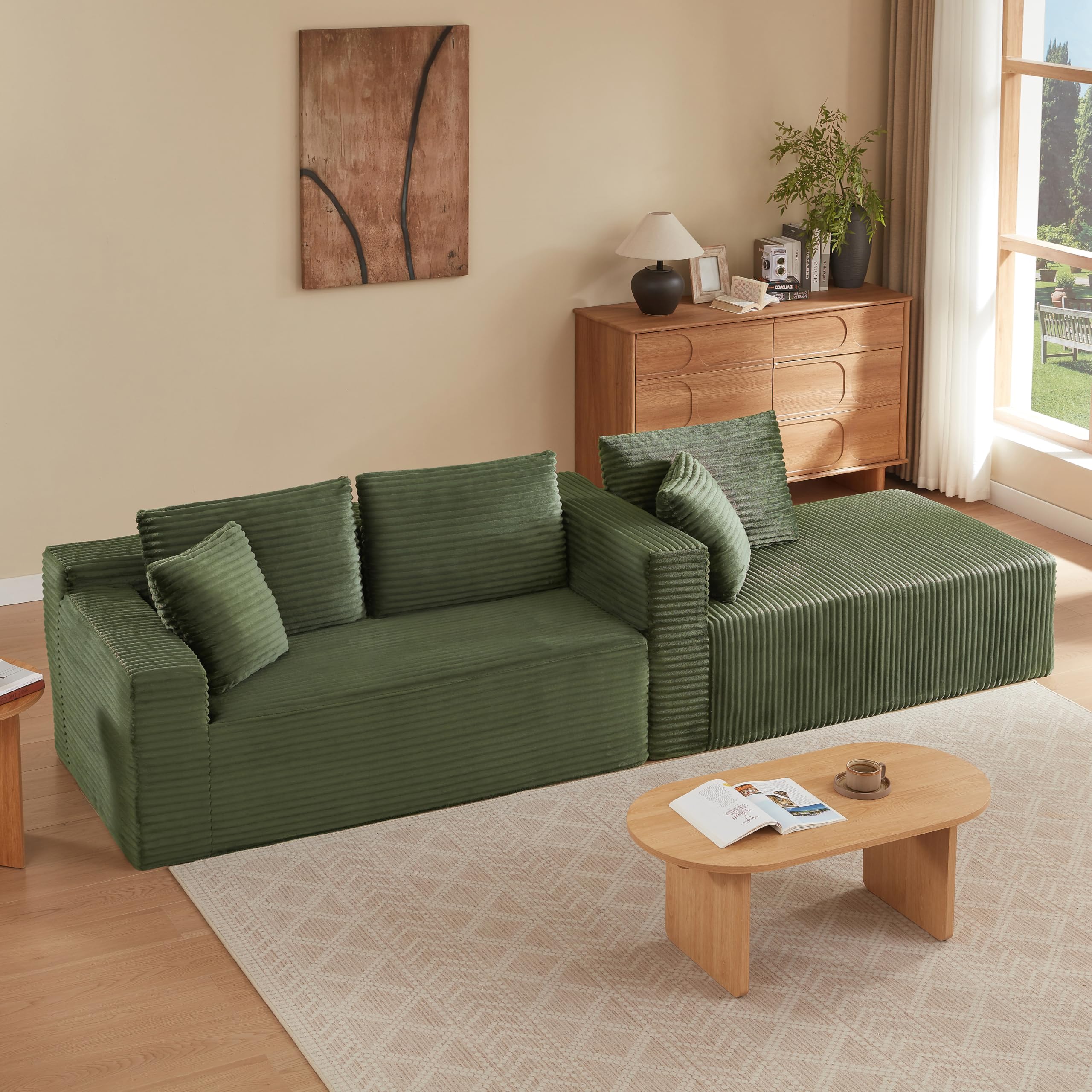 Muskel Divano componibile a forma di L, divano a 3 posti, divano in memory foam, divano angolare modulare con grande chaise longue, divano per soggiorno, paesaggio abitativo (verde)