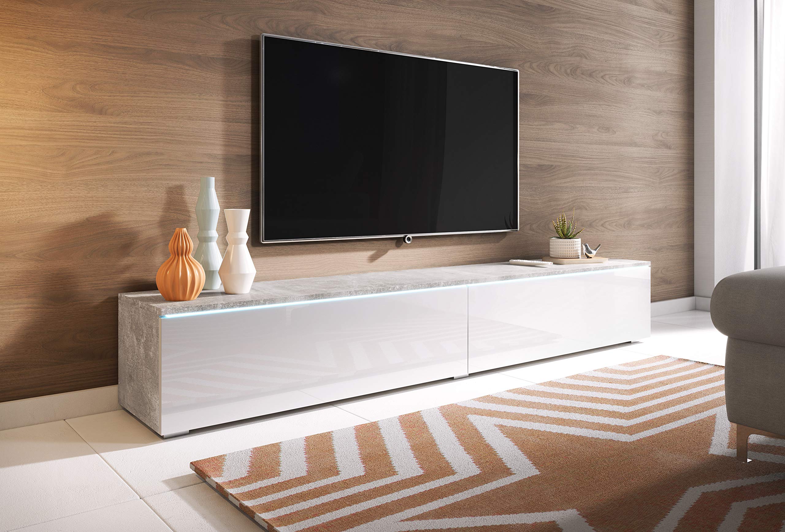 PIASKI Lowboard D 180 cm, bianco cemento, illuminazione a LED opzionale