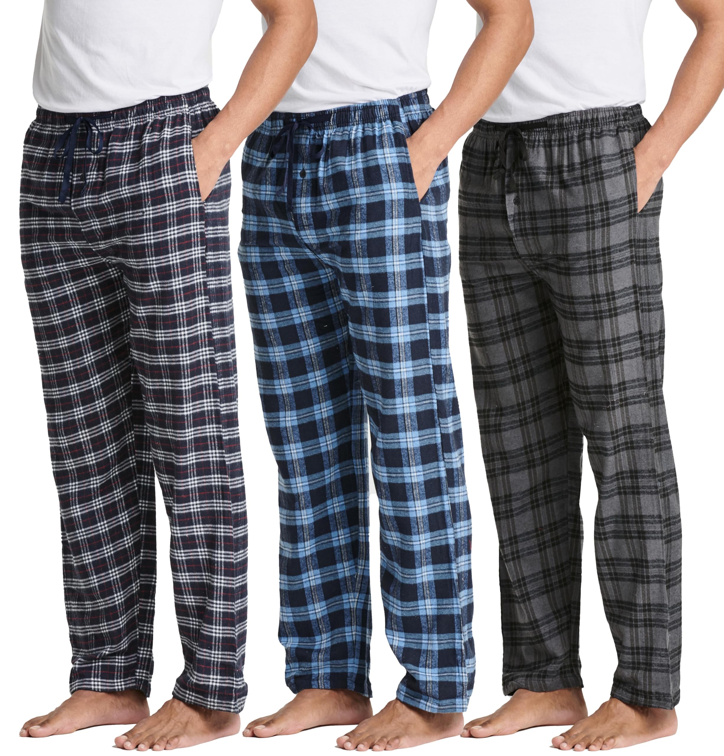 Real Essentials3 Pack: Men's Flannel & Cotton Pajama Pants - Lounge Sleep PJ Plaid Bottoms w/Pockets (Big & Tall Available)