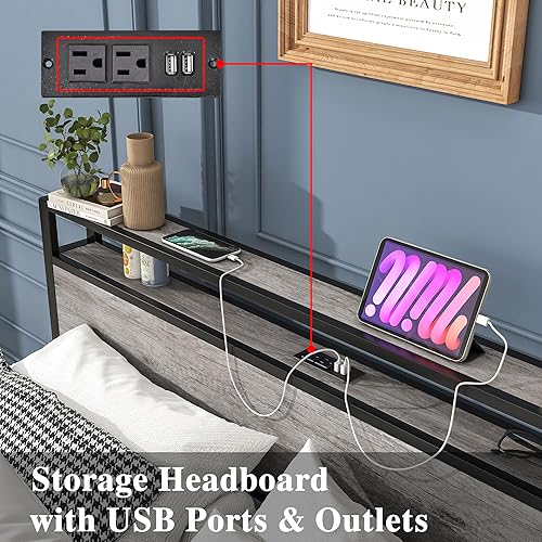 Miniatura 66 de Base de cama de tamaño matrimonial con cabecera de almacenamiento/estación de carga USB, marco de cama de plataforma de metal, tamaño matrimonial,