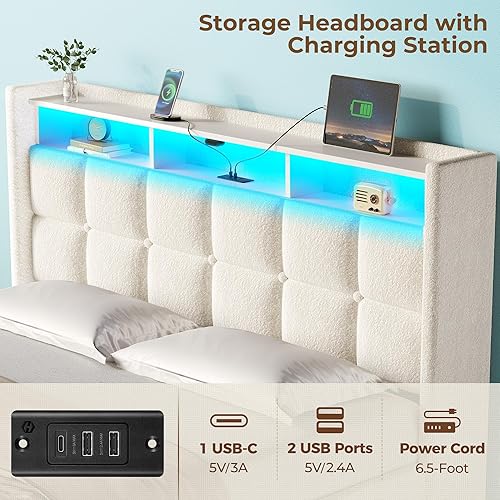 Miniatura 3 de Rolanstar Marco de cama tamaño completo con almacenamiento elevable, estación de carga y luces LED, cabecera tapizada con almacenamiento, listones