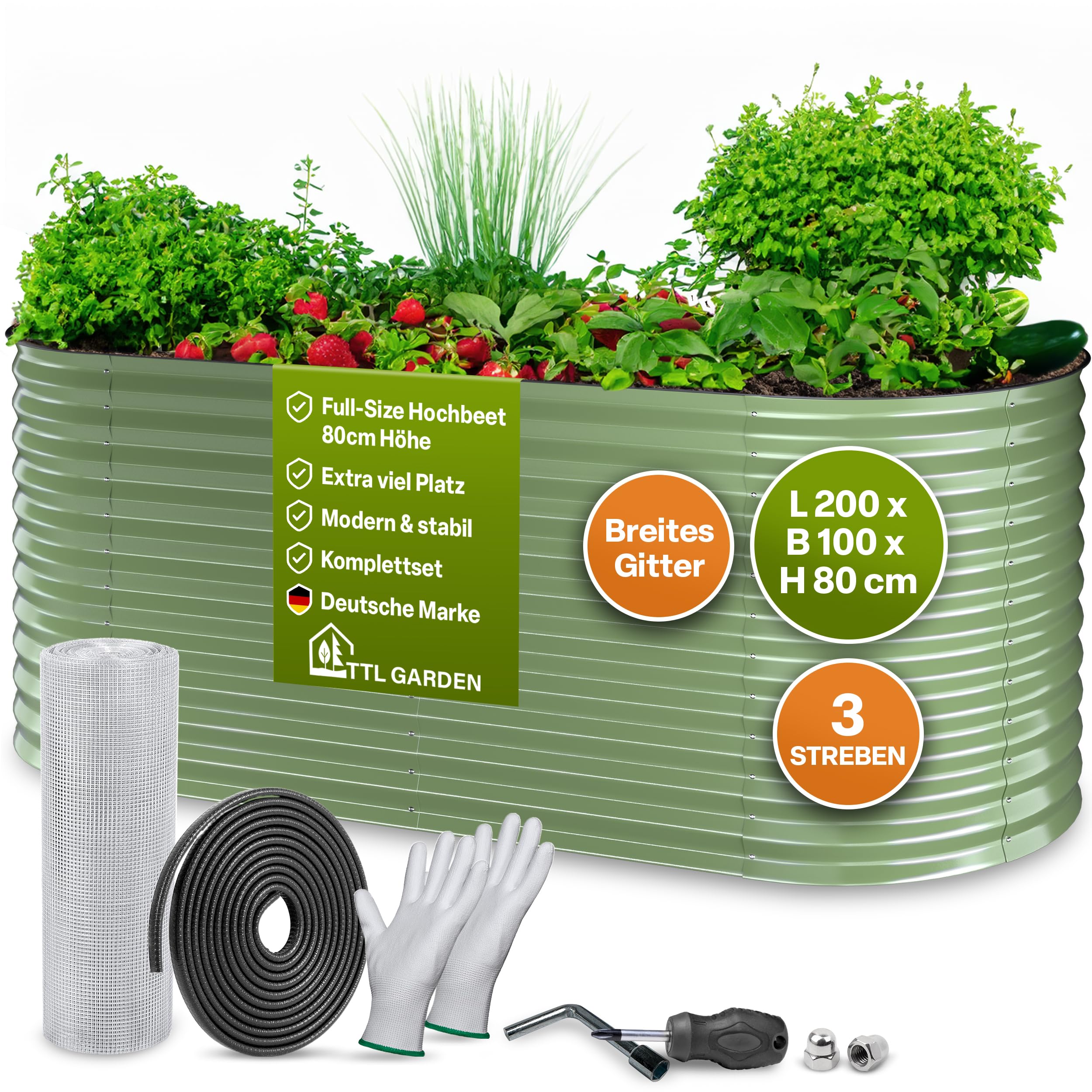 TTL GARDEN 200x100x80cm Inspire L Salbei Metall Hochbeet - Stahl verzinkt | Rostfrei verzinkt &amp; grün lackiert Wellblech ovale Form stabil Garten Beet für Gemüse Kräuter Blumen Gartenbeet Gemüsebeet