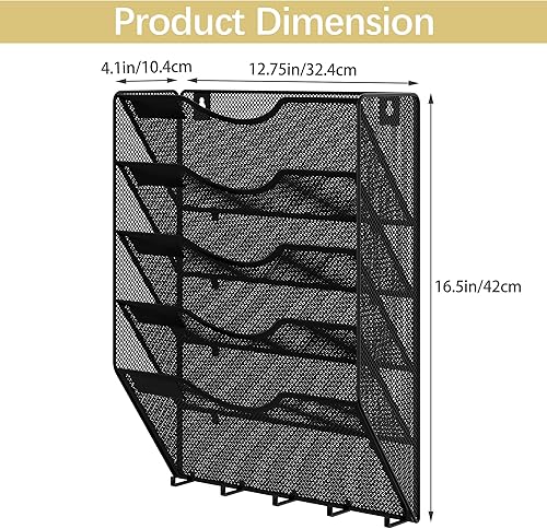 Miniatura 4 de EasyPAG Organizador de archivos de montaje en pared con ganchos para llaves, 5 bolsillos de malla vertical, soporte para archivos de pared, soporte