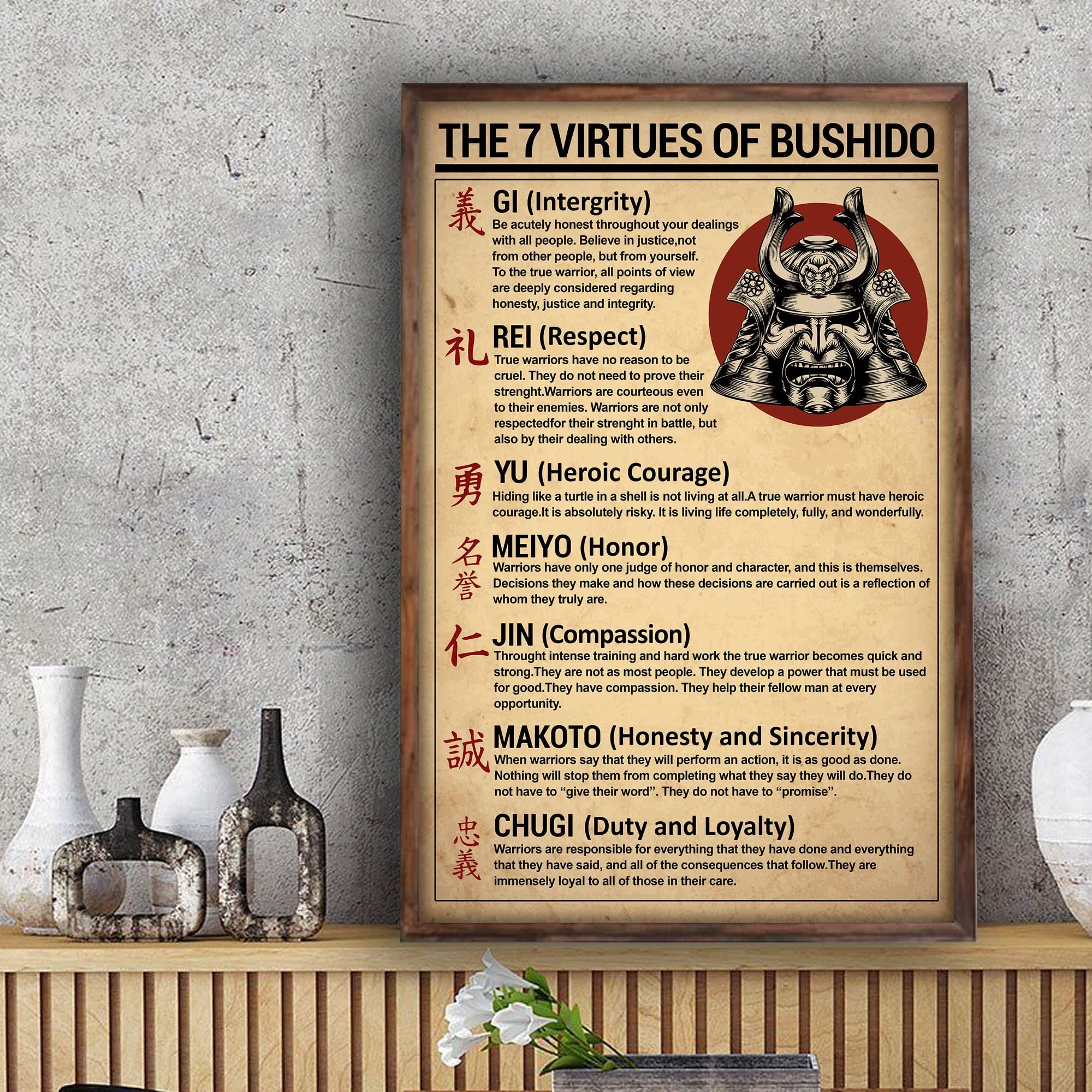 Nuboxx Yt_1 The Seven Virtues Of Bushido Poster Samurai Warrior Quotes 7 Virtues Of Bushido Living Home Decor Wall Art Poster Metal Tin Sign 6X8 Inches