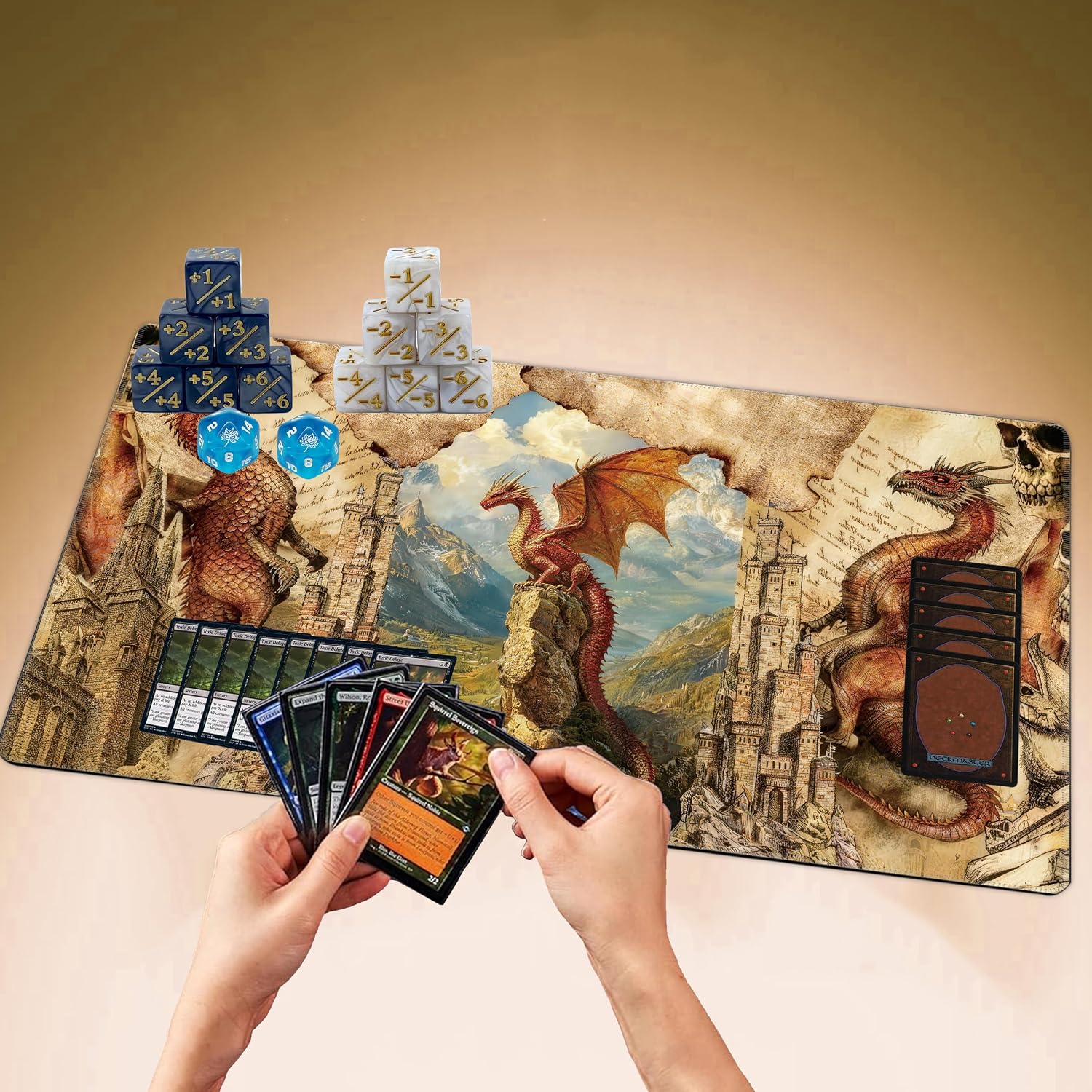 Premium TCG Playmat - 24x14 Professional Rubber Battle Mat for MTG Card Games - Includes Triangular Storage Tube, 12 Counter Dice & 2 Special 20-Sided Dice(Dragon Scroll)