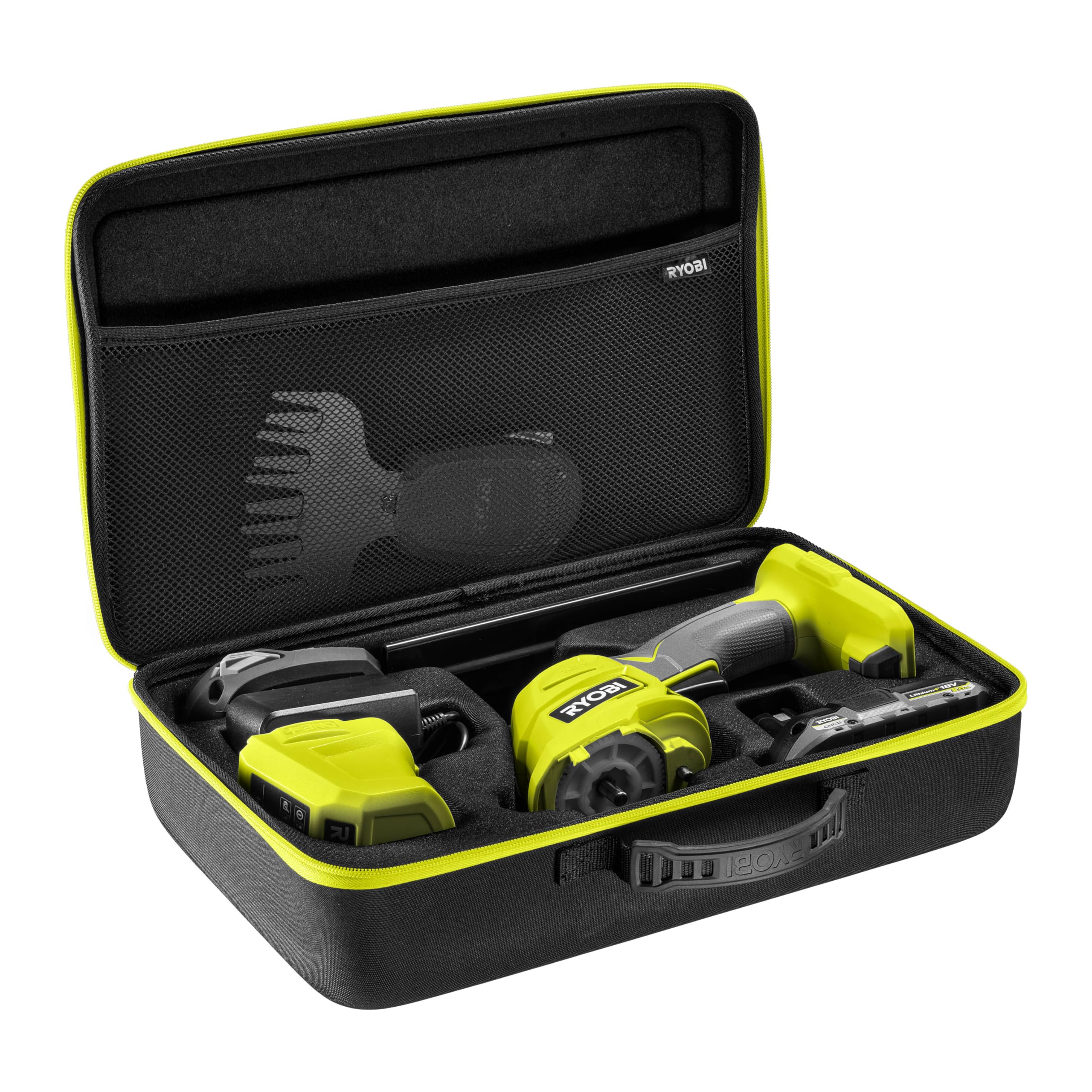 RYOBI One+ 18V Tijeras de césped y arbustos 2-en-1 RY18GSA-120T – Cuchillas SK5, Hoja 20 cm, Corte hasta 10 mm – Incluye batería 2,0 Ah, Cargador y Estuche