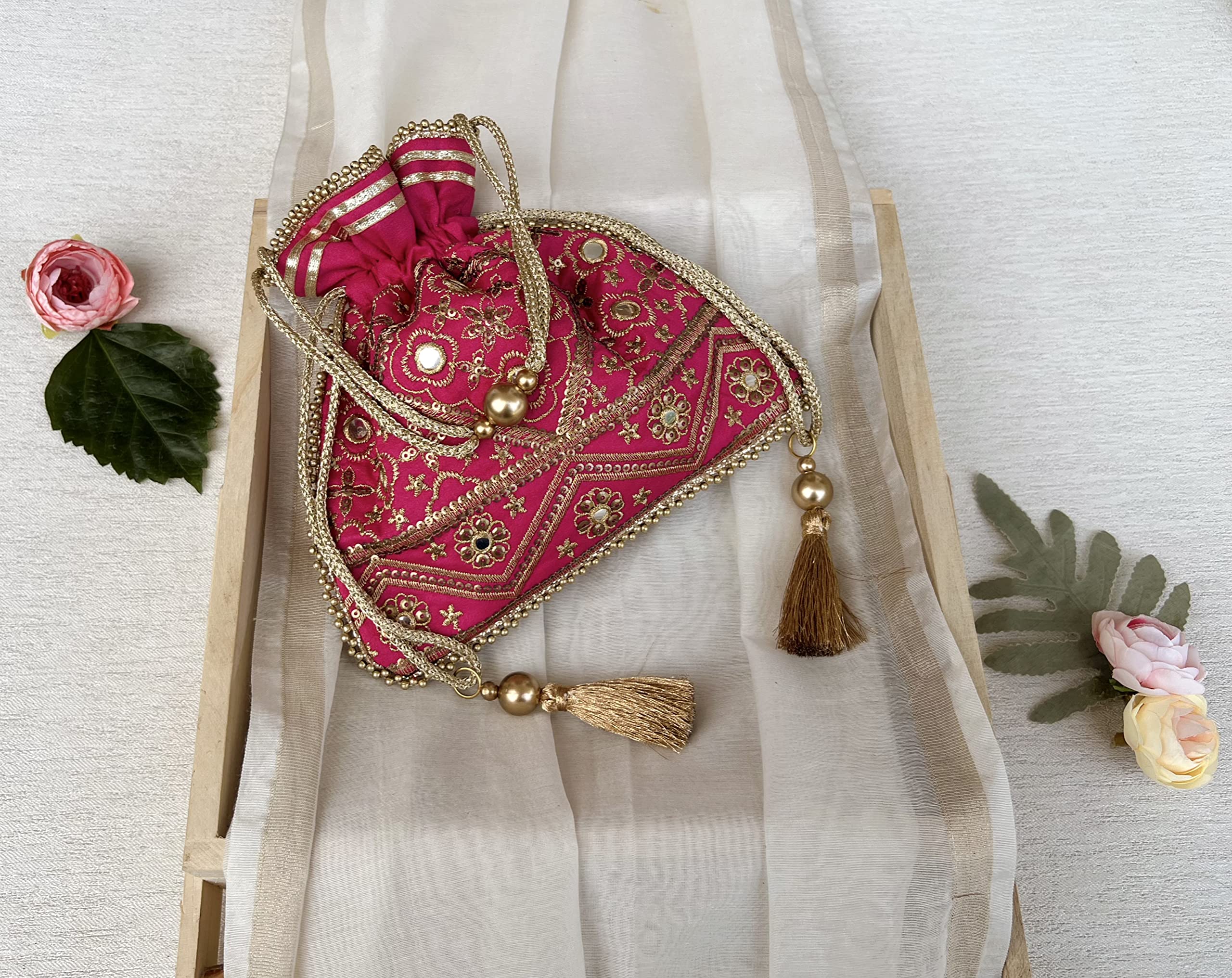 MASQ Women's By Q-One Embroidered Silk Potli Bags - Handcrafted For Weddings, Festive Season & Special Occasions With Beads And Sequins - Made In India, Pink