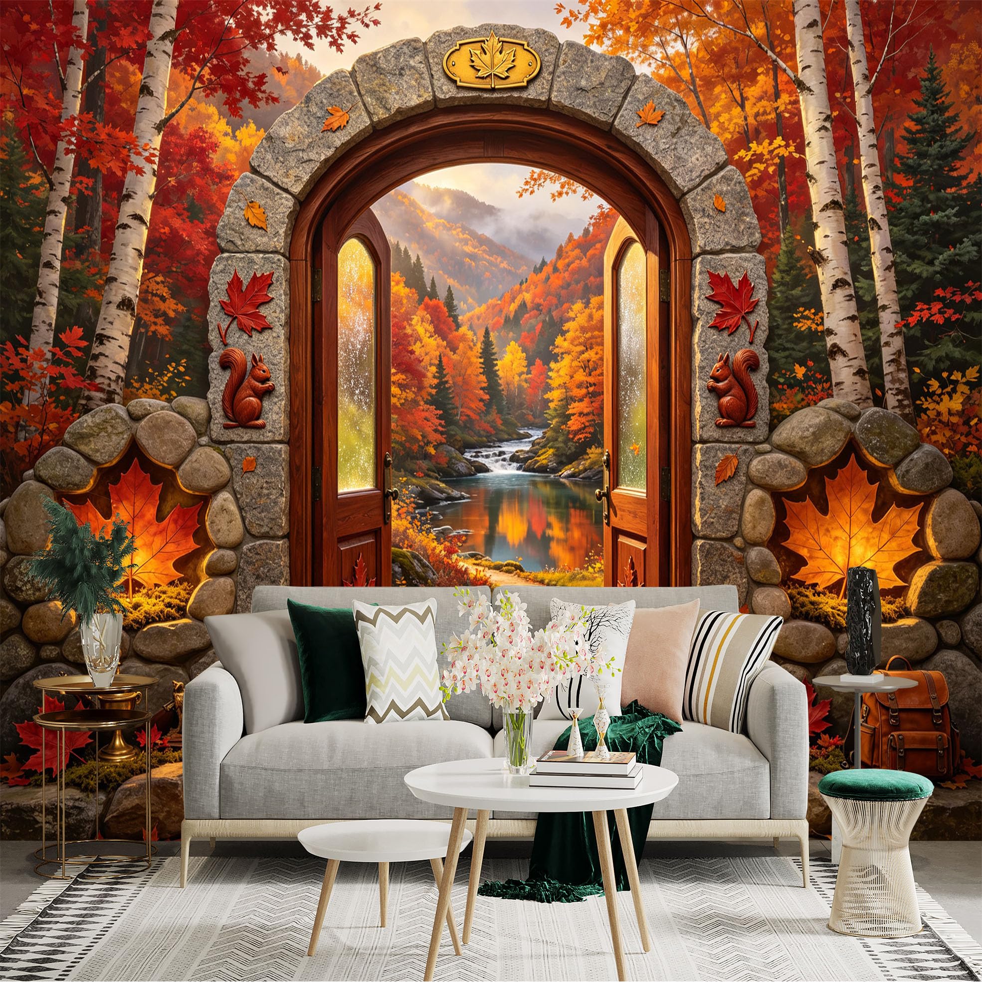 Custom Size Wall Sticker Mural， Autumn Forest River Landscape， Stone Archway and Maple Leaves， for wall Decoration， peelandstick wall Decals.
