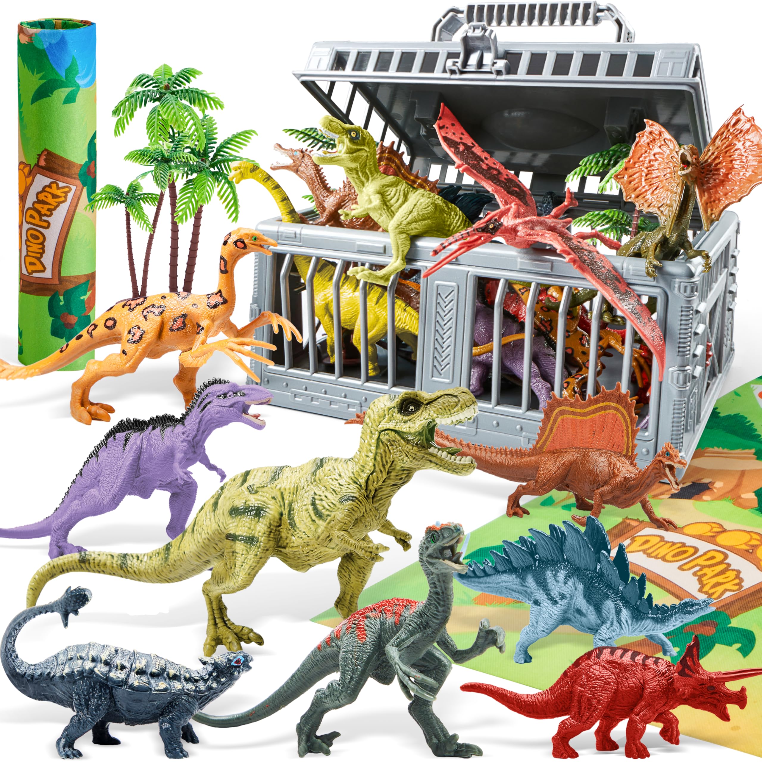 JOYIN Dinosaur Toys with Activity Play Mat & Storage Cage, 19 PCS Realistic Dinosaur Figures & Trees for Toddlers Kids Ages 3-5, Ideal for Boys and Girls Gift