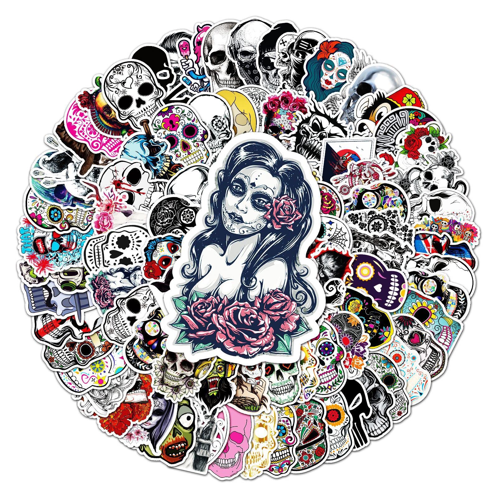 LYLSDSB Skull Stickers 100pcs Waterproof Sugar Skull Stickers for Laptop Skateboard Luggage Phone Guitar Computer Water Bottle Car Bike,Halloween Mexican Day of Dead Stickers for Teens Adults Children