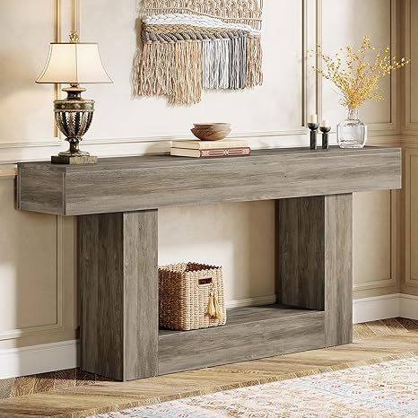 Tribesigns 63" Console Table, Farmhouse 2-Tier Entryway Table with U-Shaped Base, Narrow Long Wood Sofa Table Behind Couch Table for Living Room, Hallway, Foyer, Light Gray