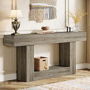 Tribesigns 63" Console Table, Farmhouse 2-Tier Entryway Table with U-Shaped Base, Narrow Long Wood Sofa Table Behind Couch Table for Living Room, Hallway, Foyer, Light Gray