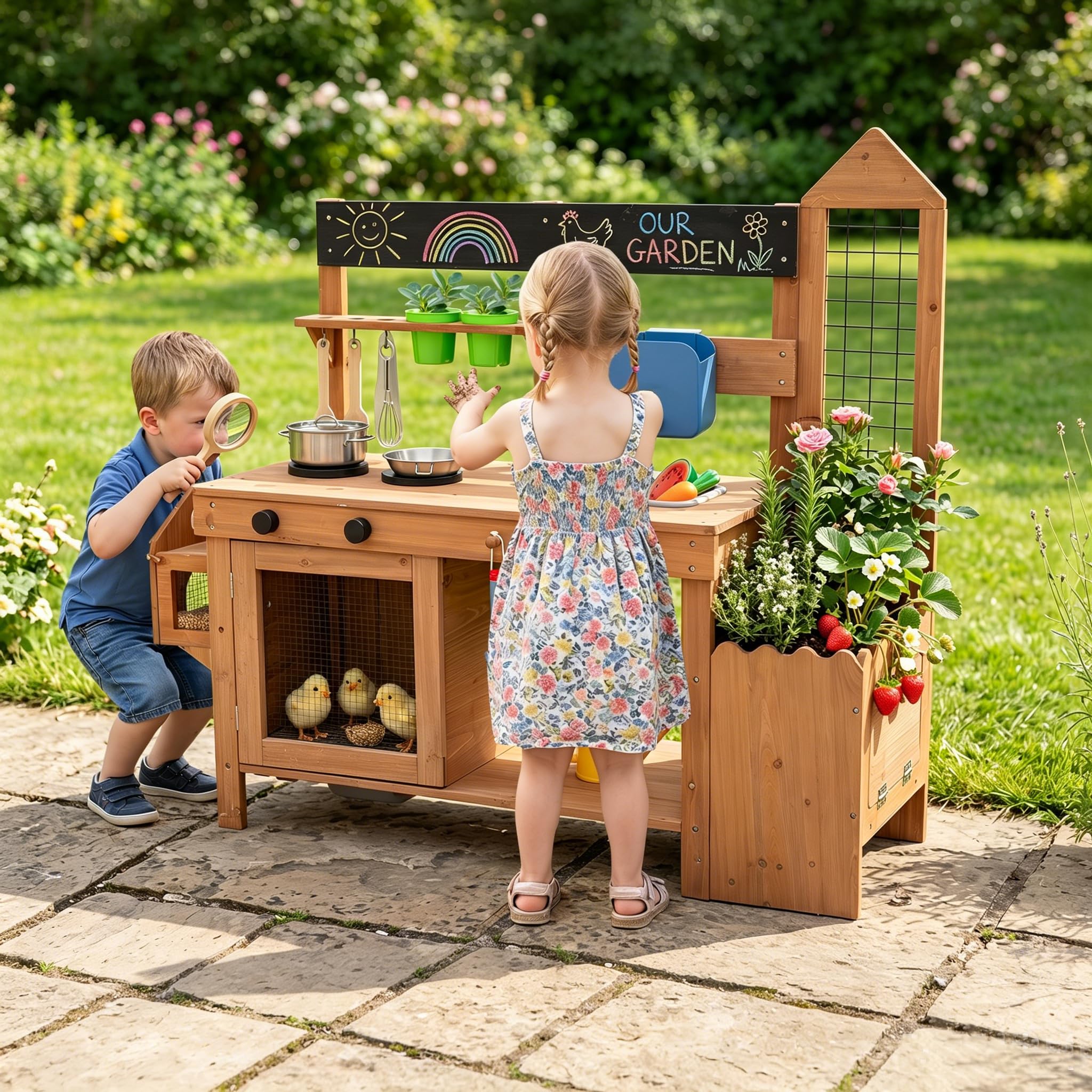 HOMASIS Cucina Giocattolo da Esterno per Bambini 3+ Anni, Cucinetta in Legno Massello con Gabbia, Vano Allevamento, Fioriera, Lavagna, Contenitore e Accessori, Chef Gioco Montessori per Sabbia e Acqua