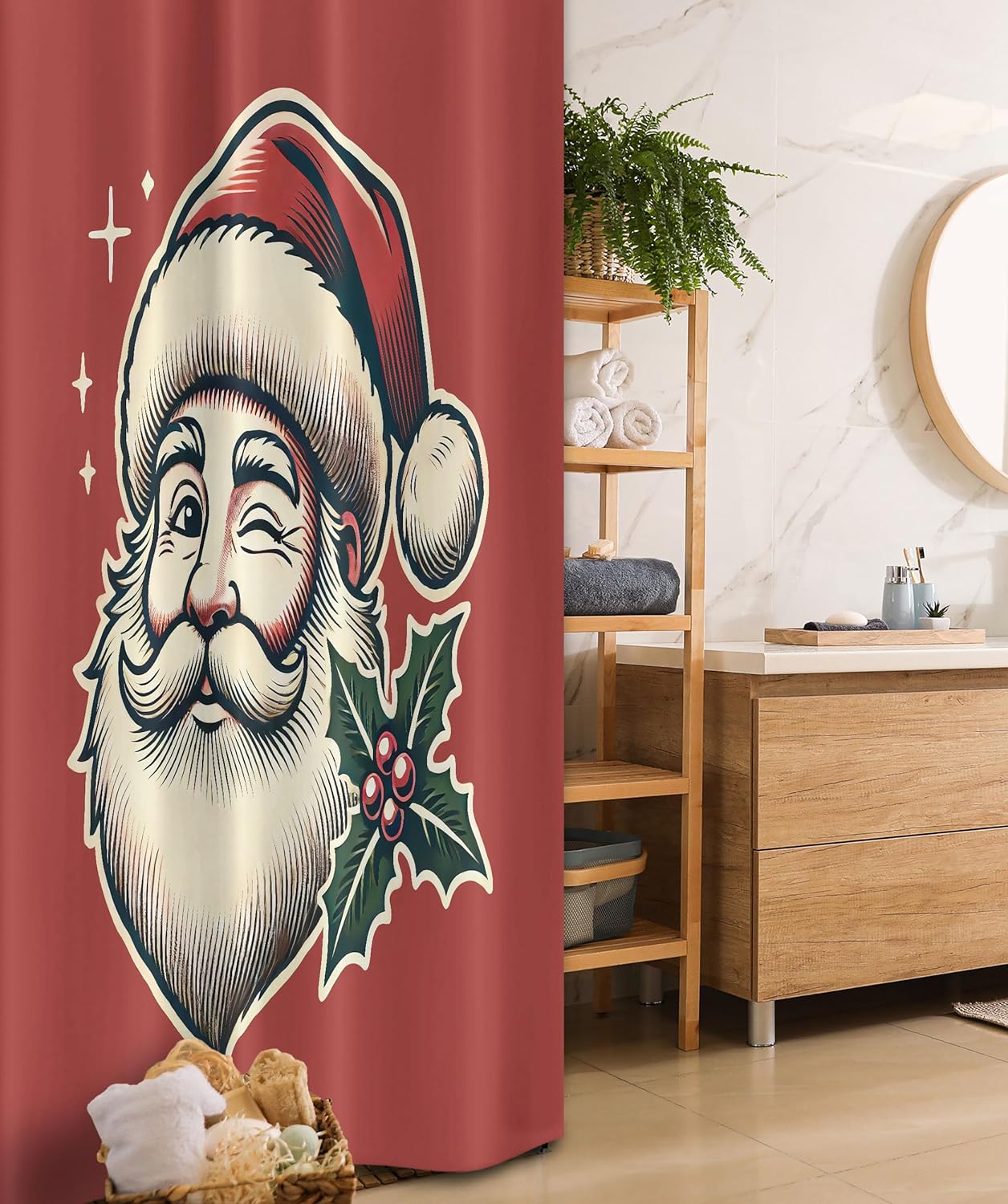 Ambesonne Christmas Stall Shower Curtain, American Traditional Santa Claus Illustration with Xmas Leafy Berry, Fabric Bathroom Decor Set with Hooks, 36" W x 72" L, Pale Maroon Cream Green