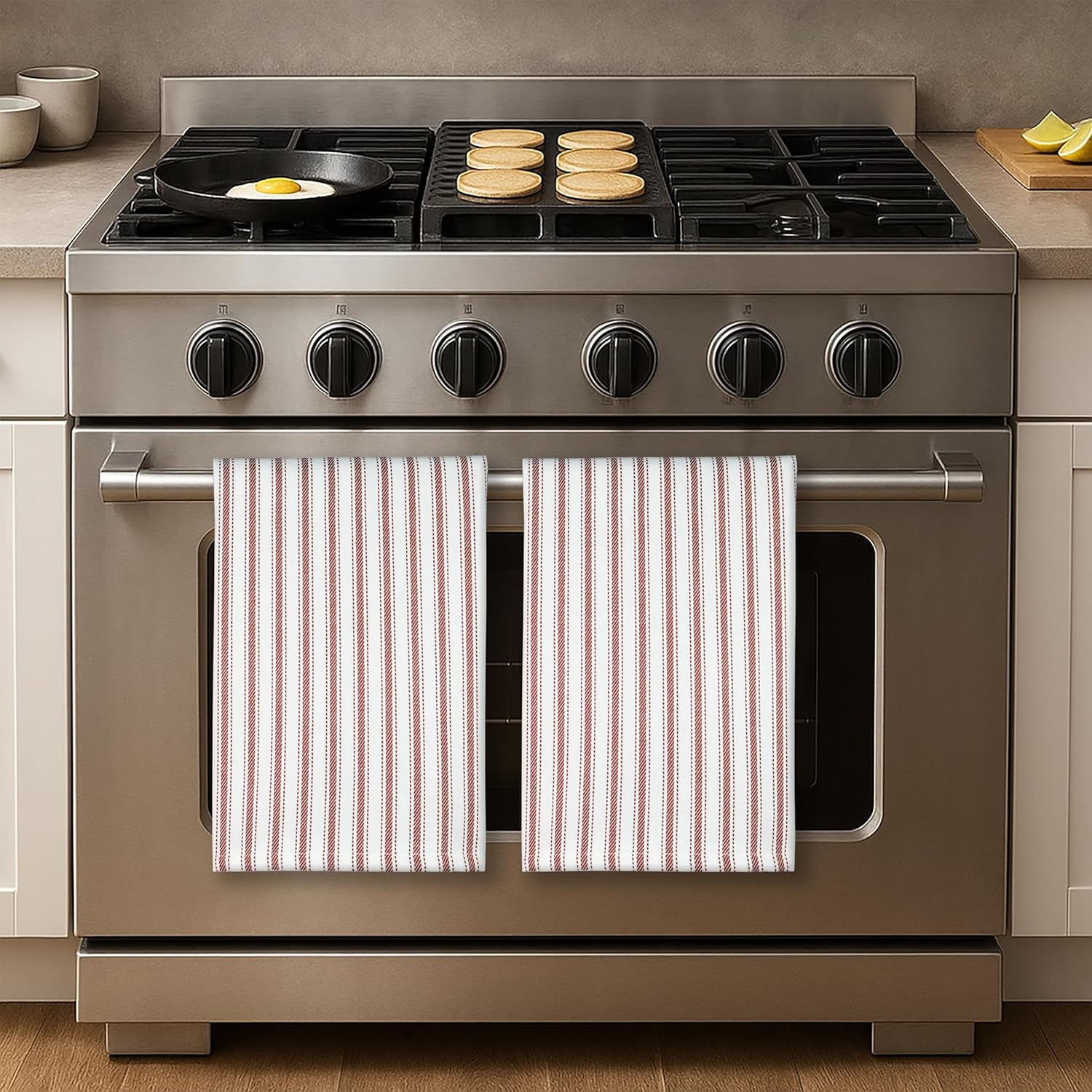 PurpleEssences Rust Stripe Kitchen Towels - Set of 6, 18x28 Inch - 100% Cotton, Absorbent & Reusable Dish Towels with Hanging Loop French-Inspired Style - Spring Easter Summer - Rust - Image 5