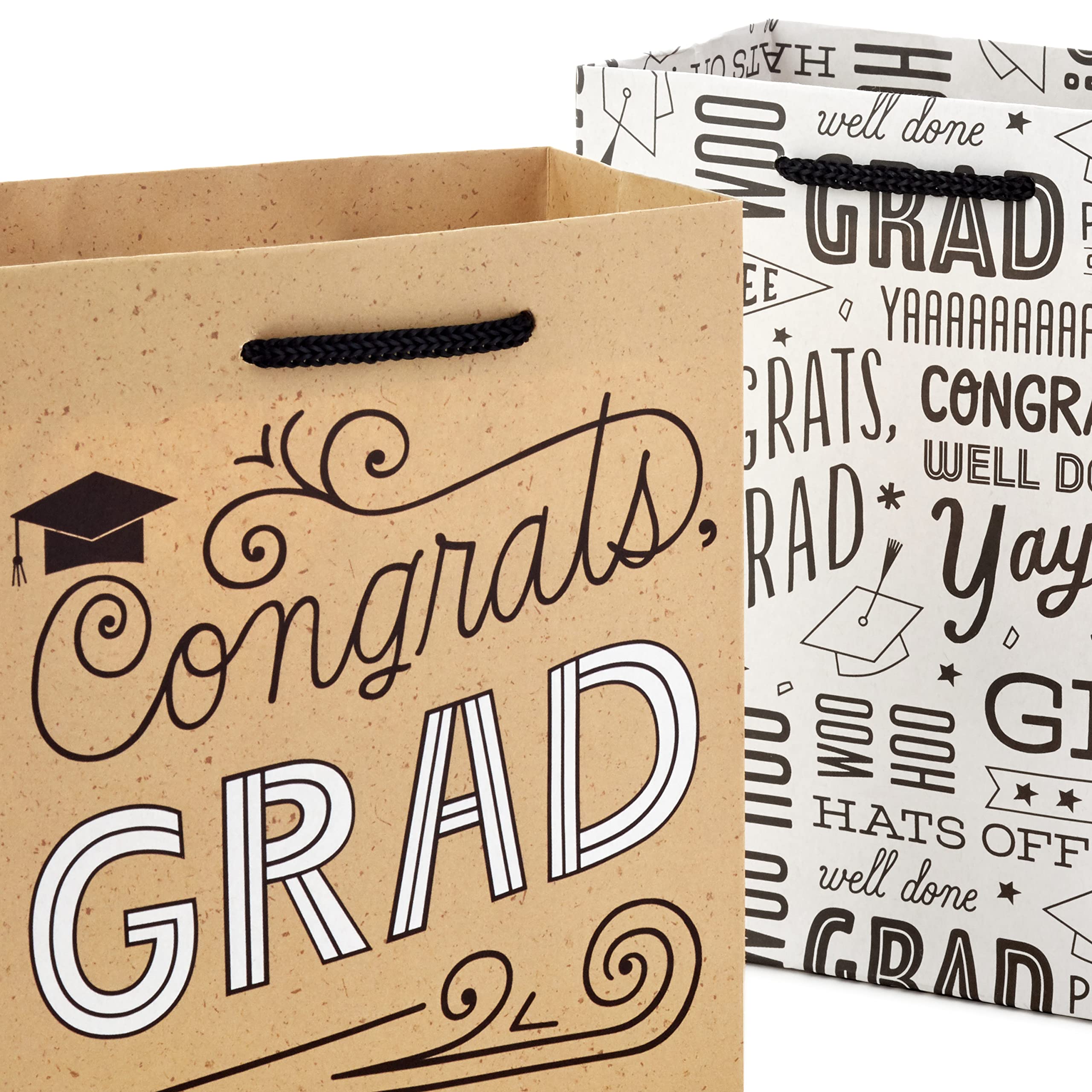 Hallmark 6" Small Graduation Gift Bag Bundle (8 Bags, 2 Designs: Kraft Congrats, Grad, Black and White) for High School Graduates, Preschool, Kindergarten, College, Open House Party Favors