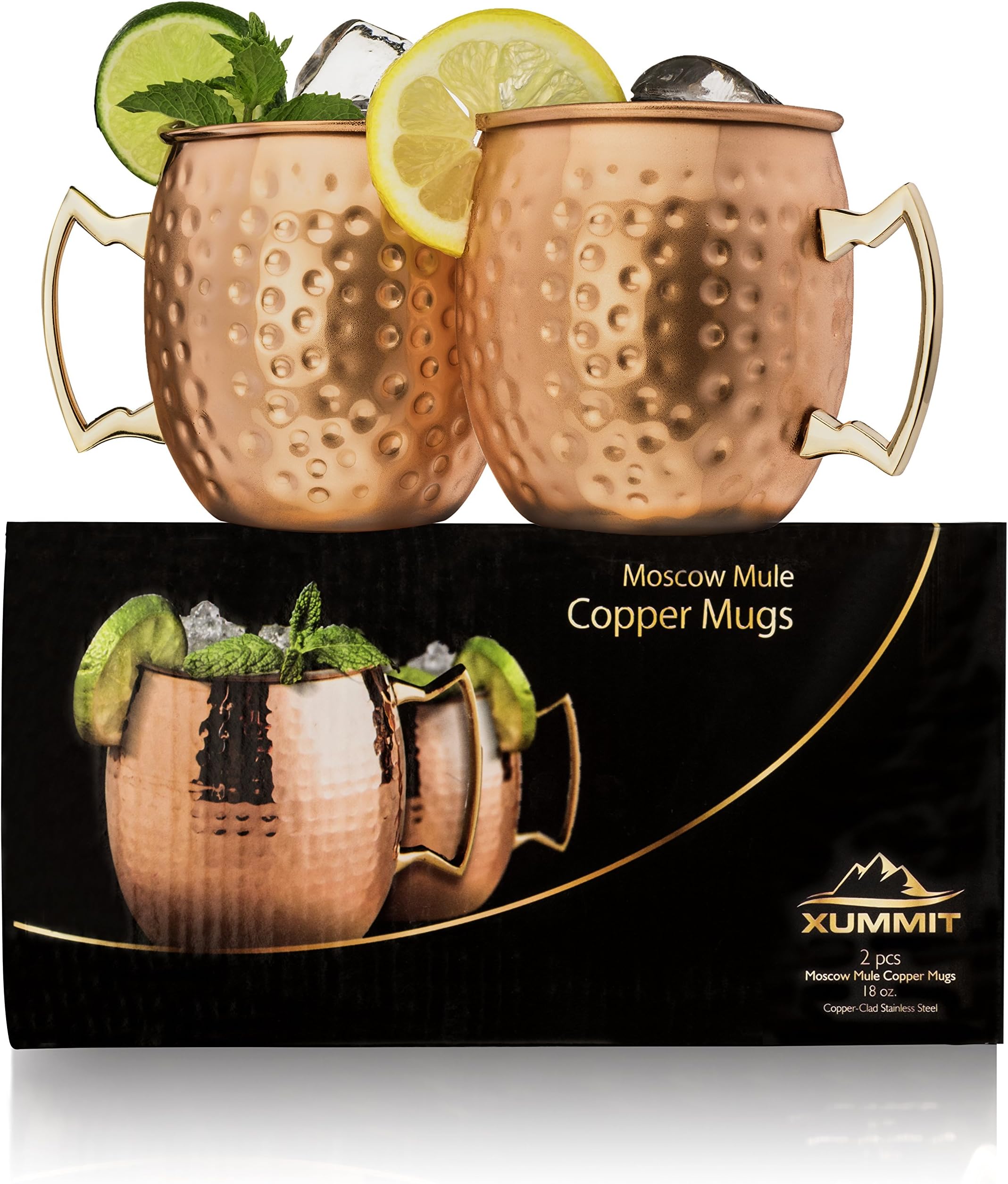 Stunning Hammered Moscow Mule Copper Mug / Cup with Golden-Hued Handle 18 Oz (Set of 2)
