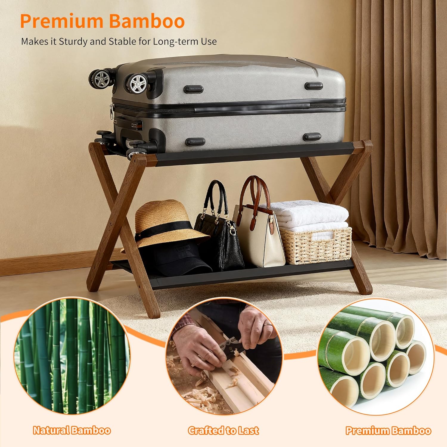 (2pcs )heybly luggage rack, folding suitcase stand with storage shelf, luggage holder with 5 nylon straps for guest room bedroom hotel, walnut, hlr010wb1 1 walnut