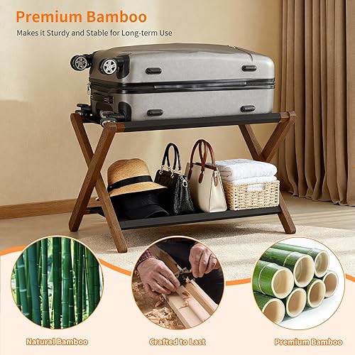 Miniatura 2 de Heybly Portaequipajes, soporte plegable para maleta con estante de almacenamiento, soporte de equipaje con 5 correas de nailon para habitación de