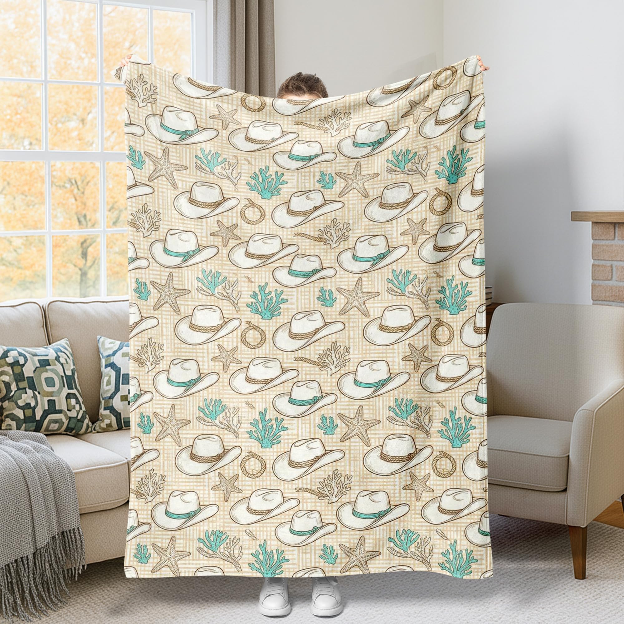 Couverture pelucheuse esthétique haut de gamme étoiles de mer beige