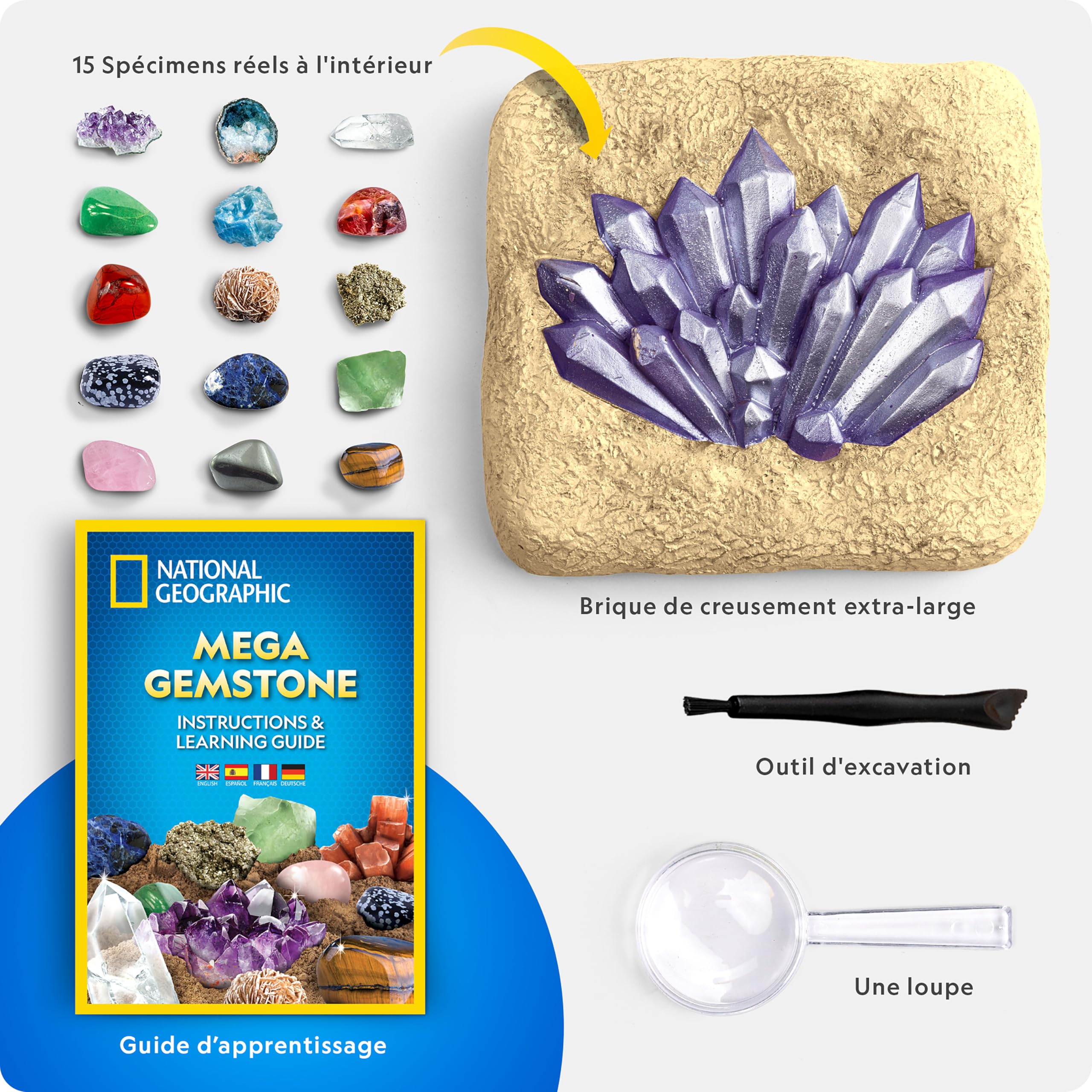 National Geographic Mega Kit d’Excavation de Gemmes – Kit de Fouille de Cristaux et Pierres Précieuses, Jeu Éducatif pour Enfants, Cadeau pour Filles et Garçons, Collection de Minéraux