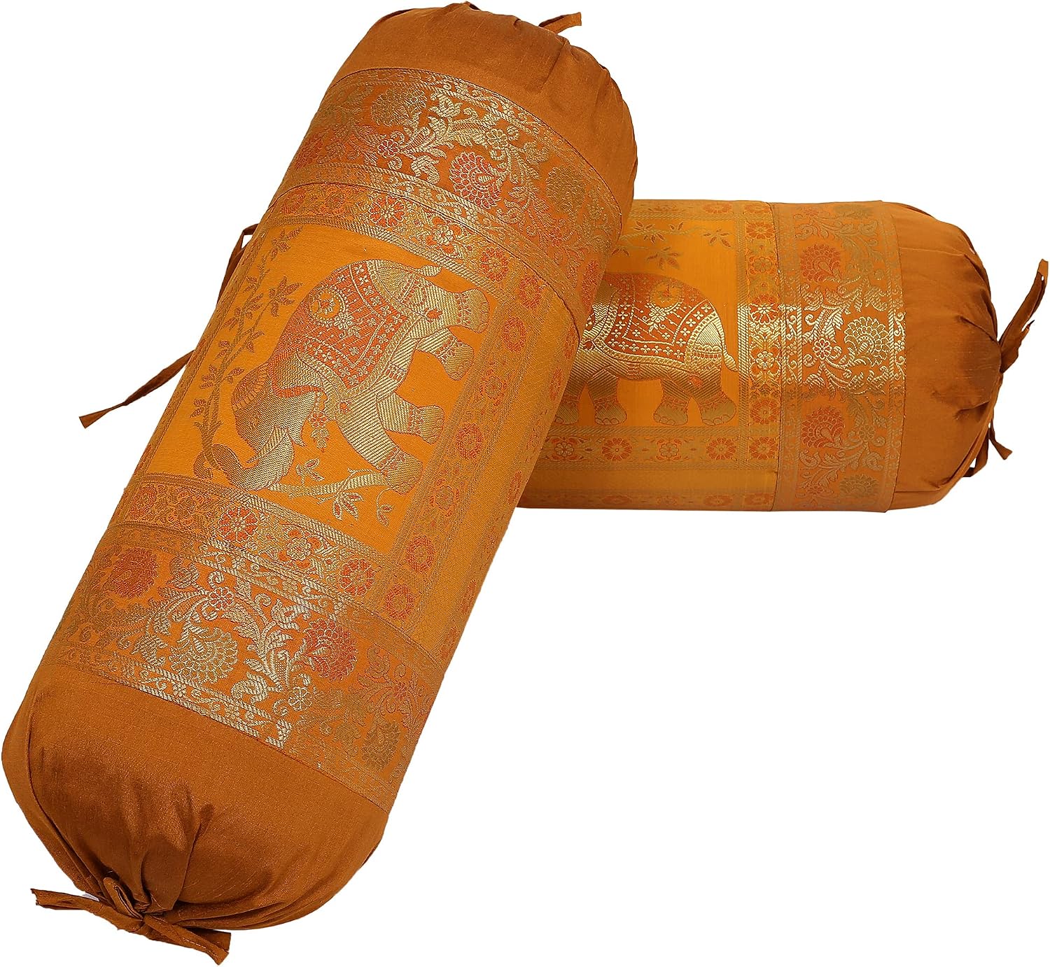 Ethnic Jacquard Brocade Silk Bolster Yoga Rectangular Pillowcase Cover Elephant Brown Tubular Massand Living Room Decorative Hotdog Indian Throw Pillowcase 76x38 cm - Set of 2 Pcs
