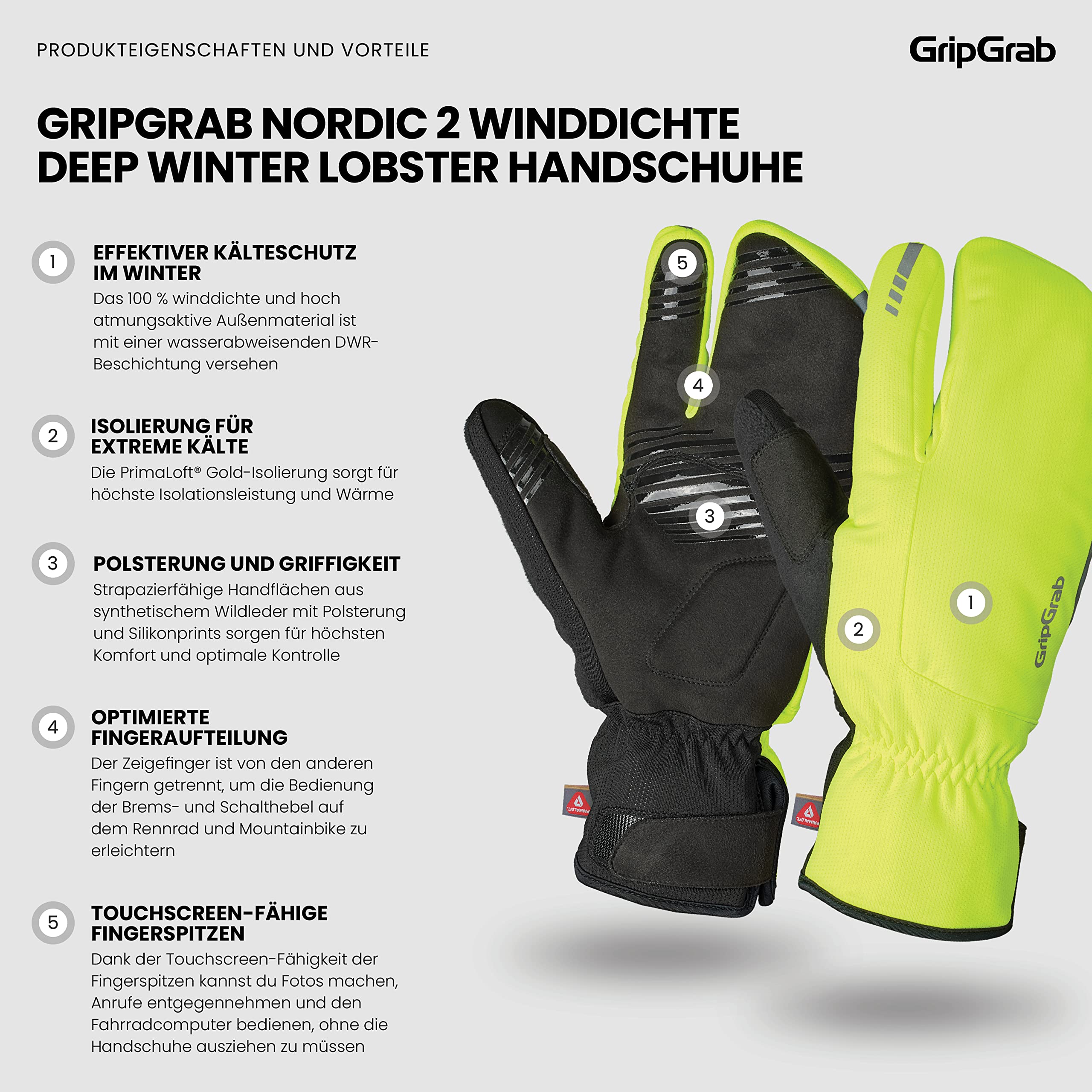 GripGrab Nordic 2 Winddichte Fahrradhandschuhe Winter - 3-Finger Lobster | Mit PrimaLoft Gold Isolierung und gepolsterter Handfläche, Fleecefutter, Klettverschluss - für Rennrad, MTB & Gravelbike