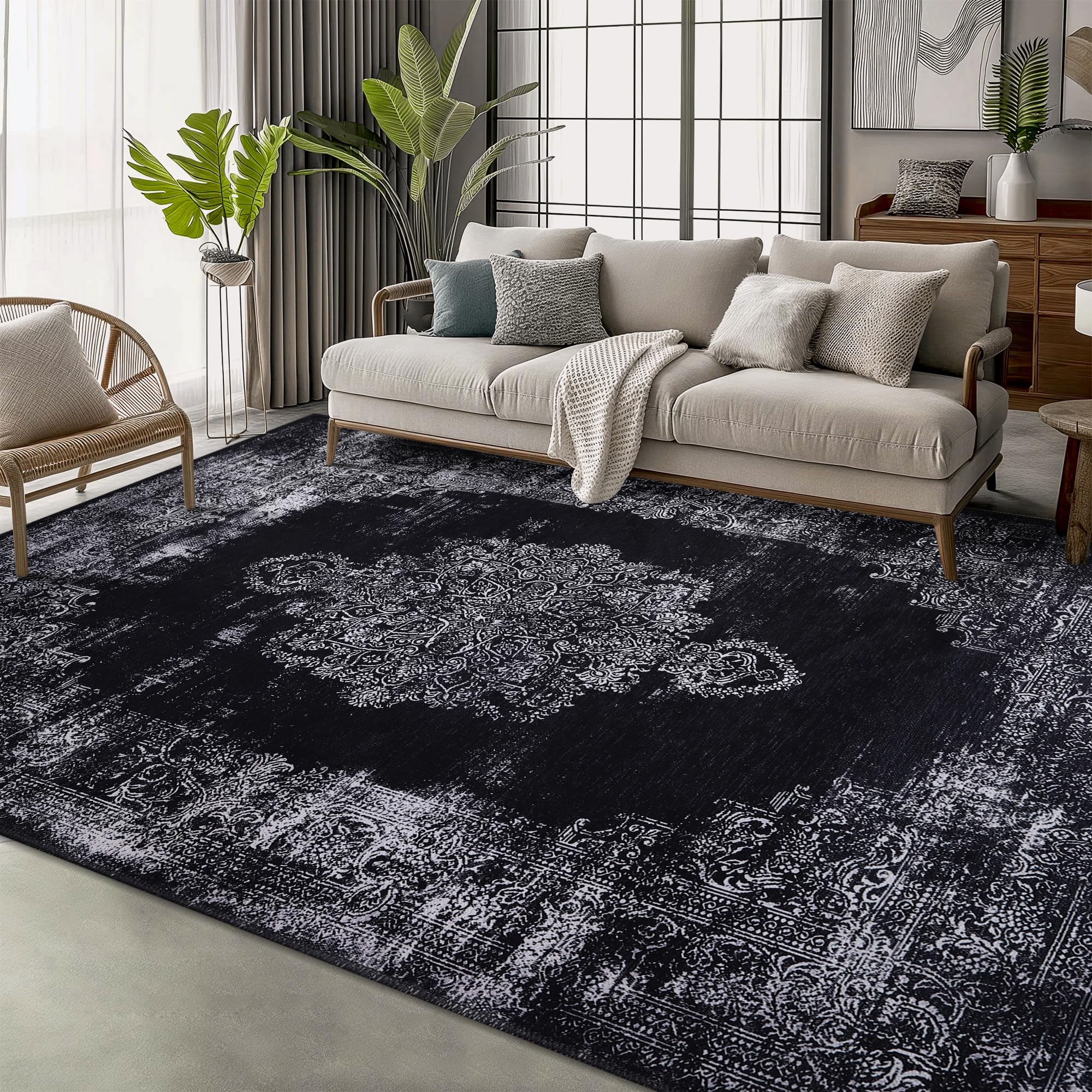NETLINE HOME Washable Area Rugs for Living Room Traditional Flatweave Rug Non Slip Kitchen Rug - Decorative Floor Mats Low Pile Vintage Rugs Boho Design Foldable Hallway Carpets for Bedroom - Black