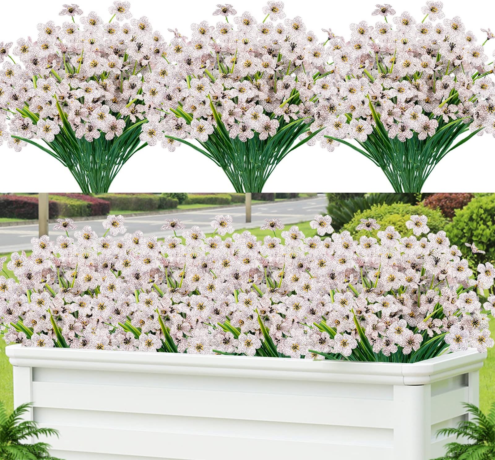 Lnoicy 12 Pcs Artificial Flowers for Outdoor,Plastic Flowers Decoration, UV Resistant Faux Flowers Shrubs, Artificial Plants for Indoor Outside Garden Home Wedding Farmhouse(White)