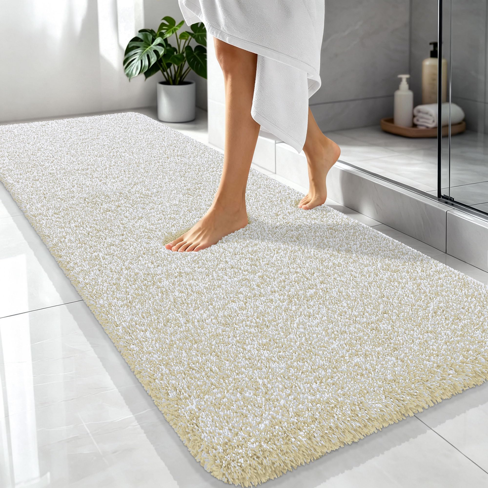 OLANLY Microfiber Bathroom Rugs 70x24, Quick Dry Bath Mat, Sand and White