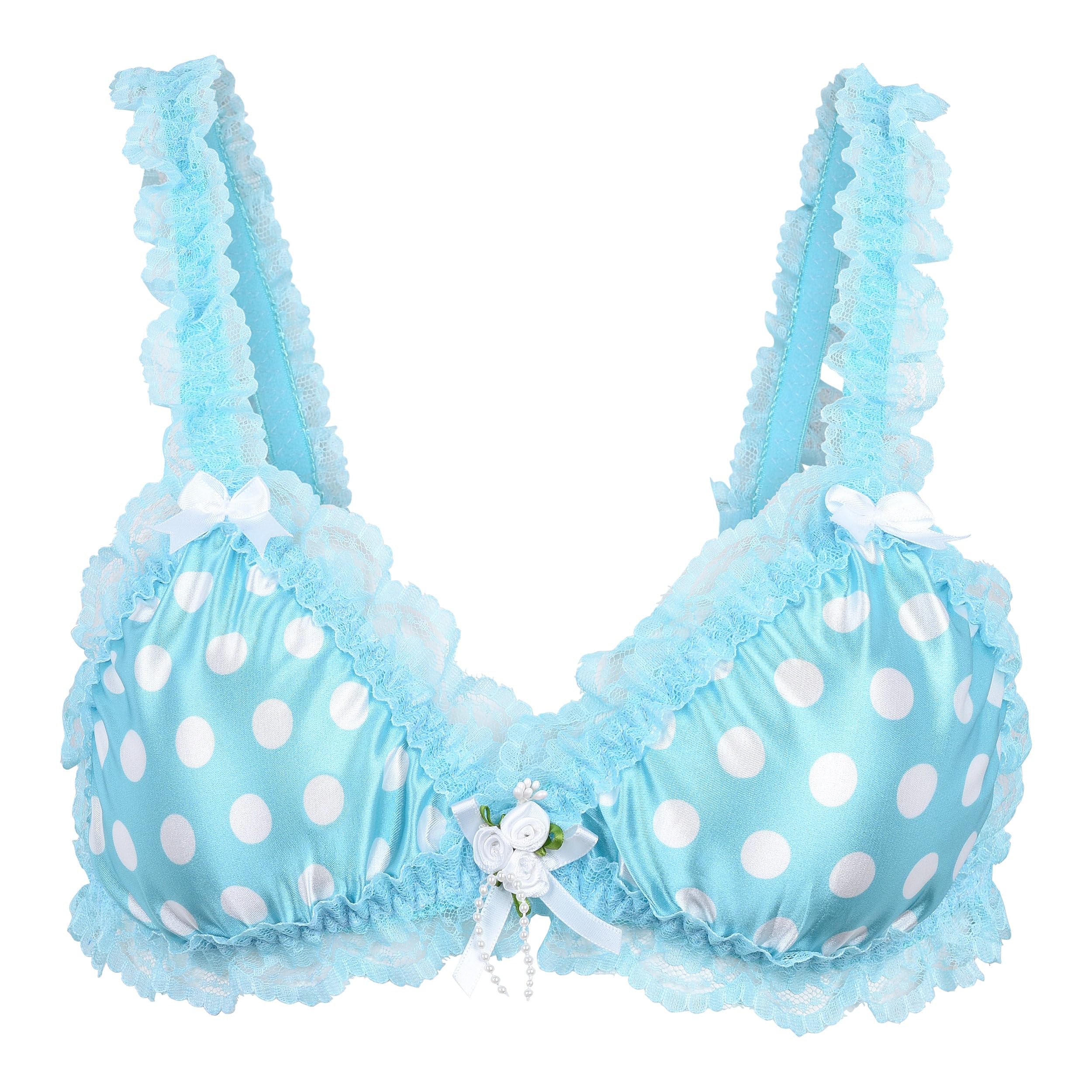 Satini Sissy Frilly Lace Fitted Satin Bralette (Aqua Blue - Polka Dots, M)